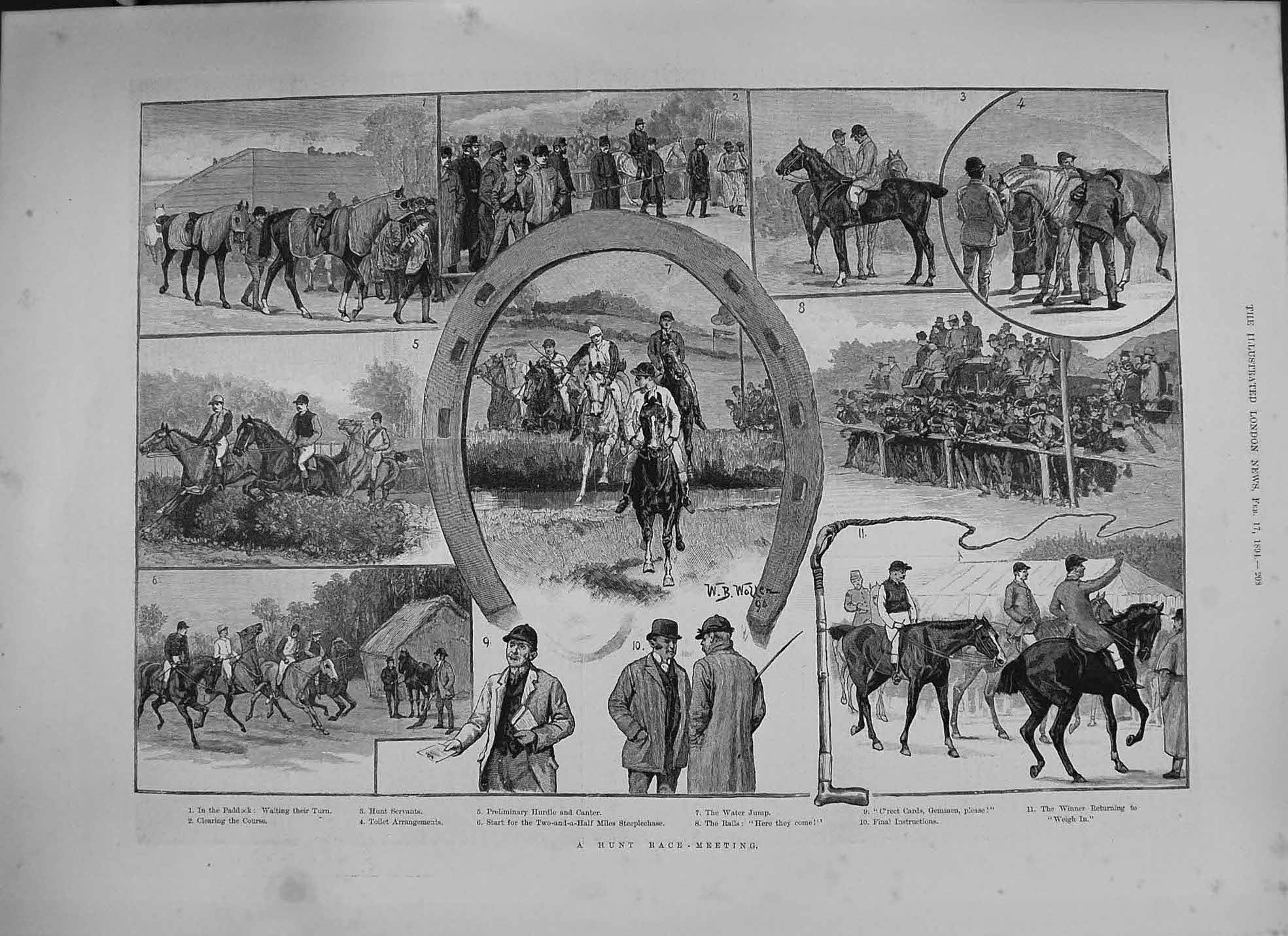 Original Old Antique Print 1894 Hunt Race Meeting Horses Sport 19th
