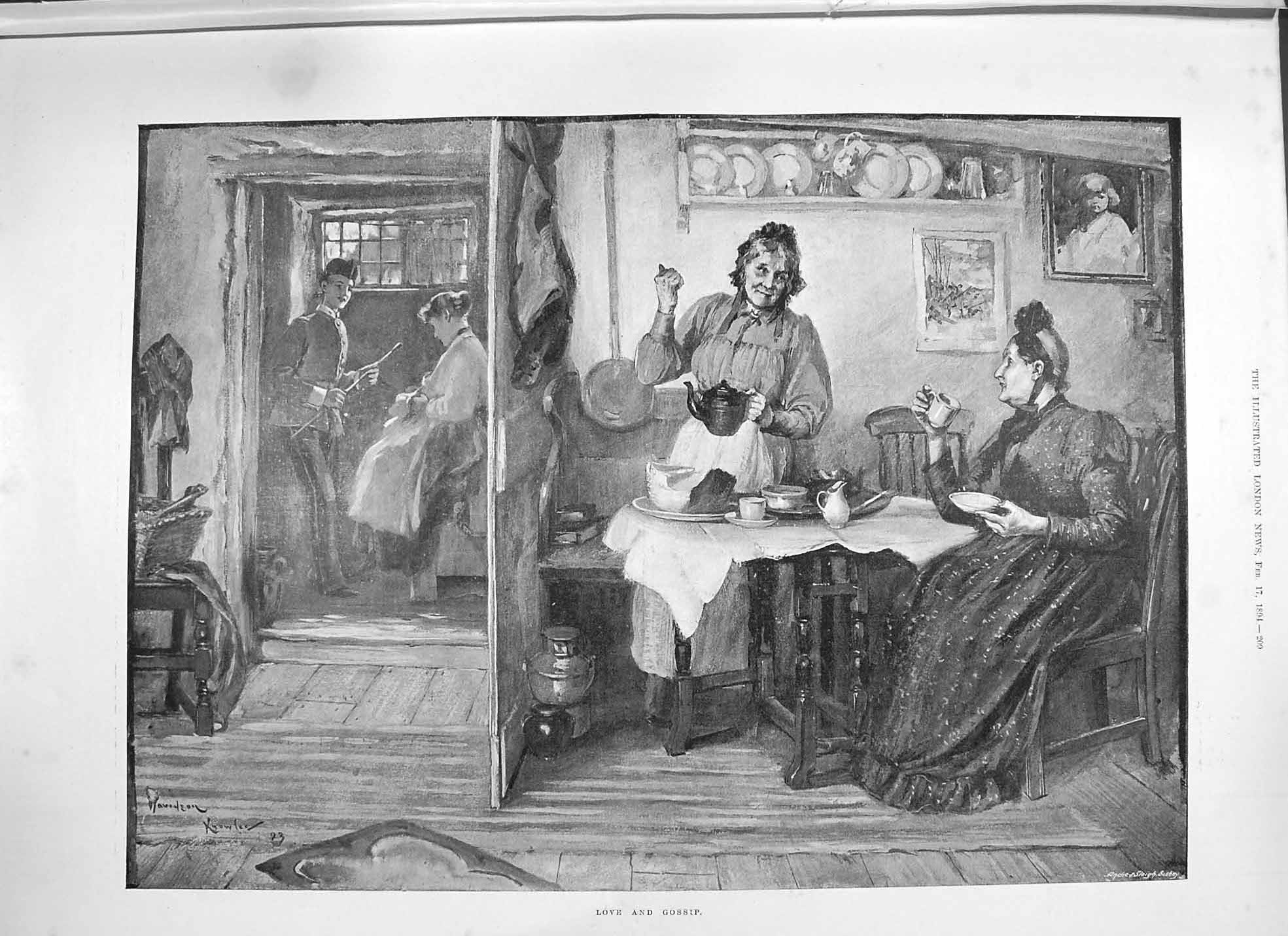 Original Old Antique Print Davidson Knowles 1894 Love Gossip Family Home 19th