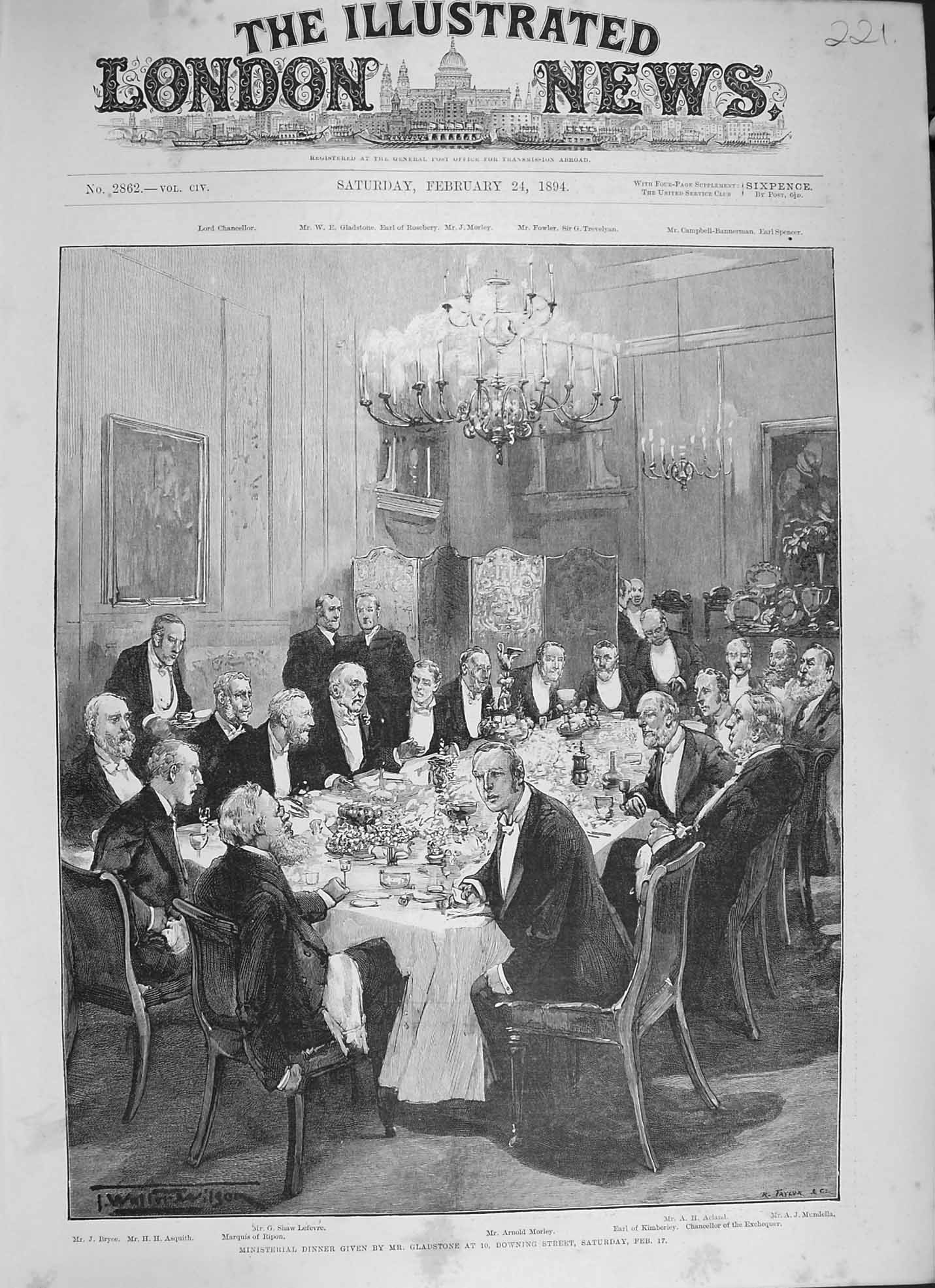 Original Old Antique Print 1894 Dinner Gladstone Downing Asquith Lefevre Acland