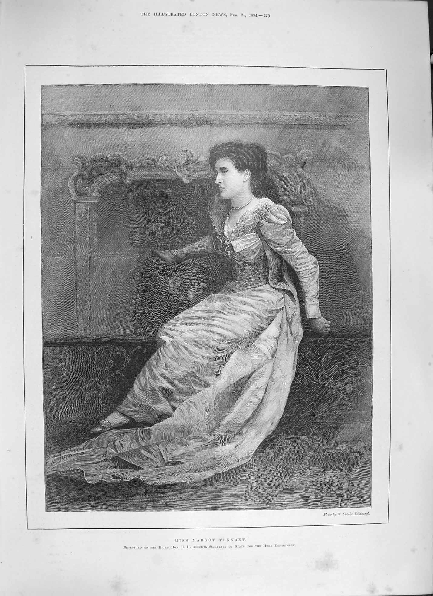 Original Old Antique Print 1894 Portrait Miss Margot Tennant Asquith Victorian