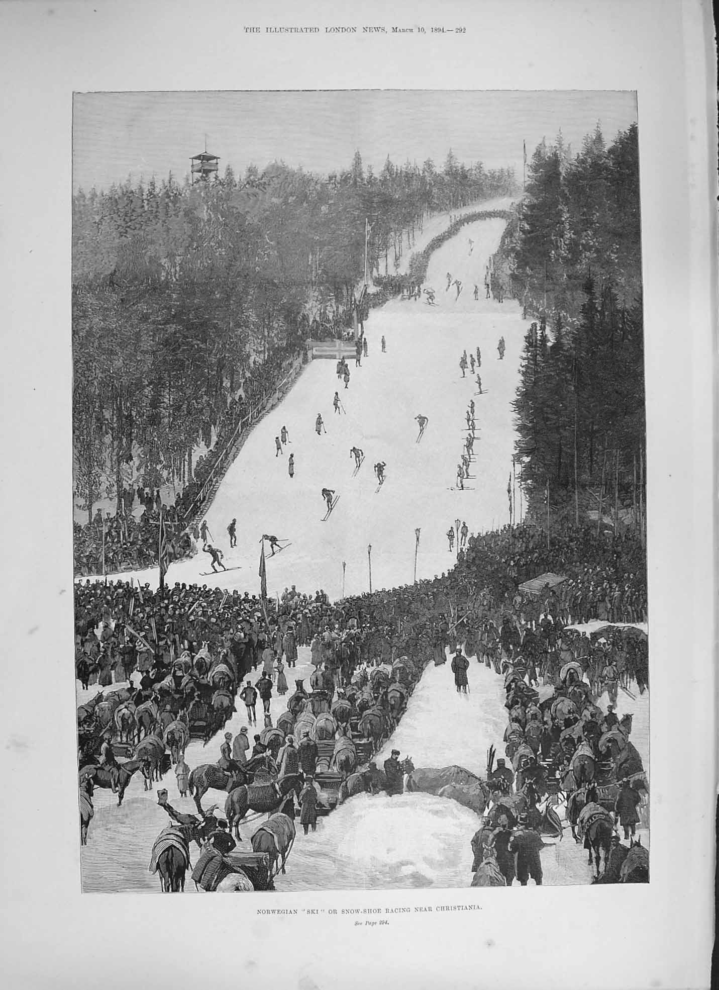 Original Old Antique Print 1894 Norwegian Ski Snow-Shoe Race Christiani 19th