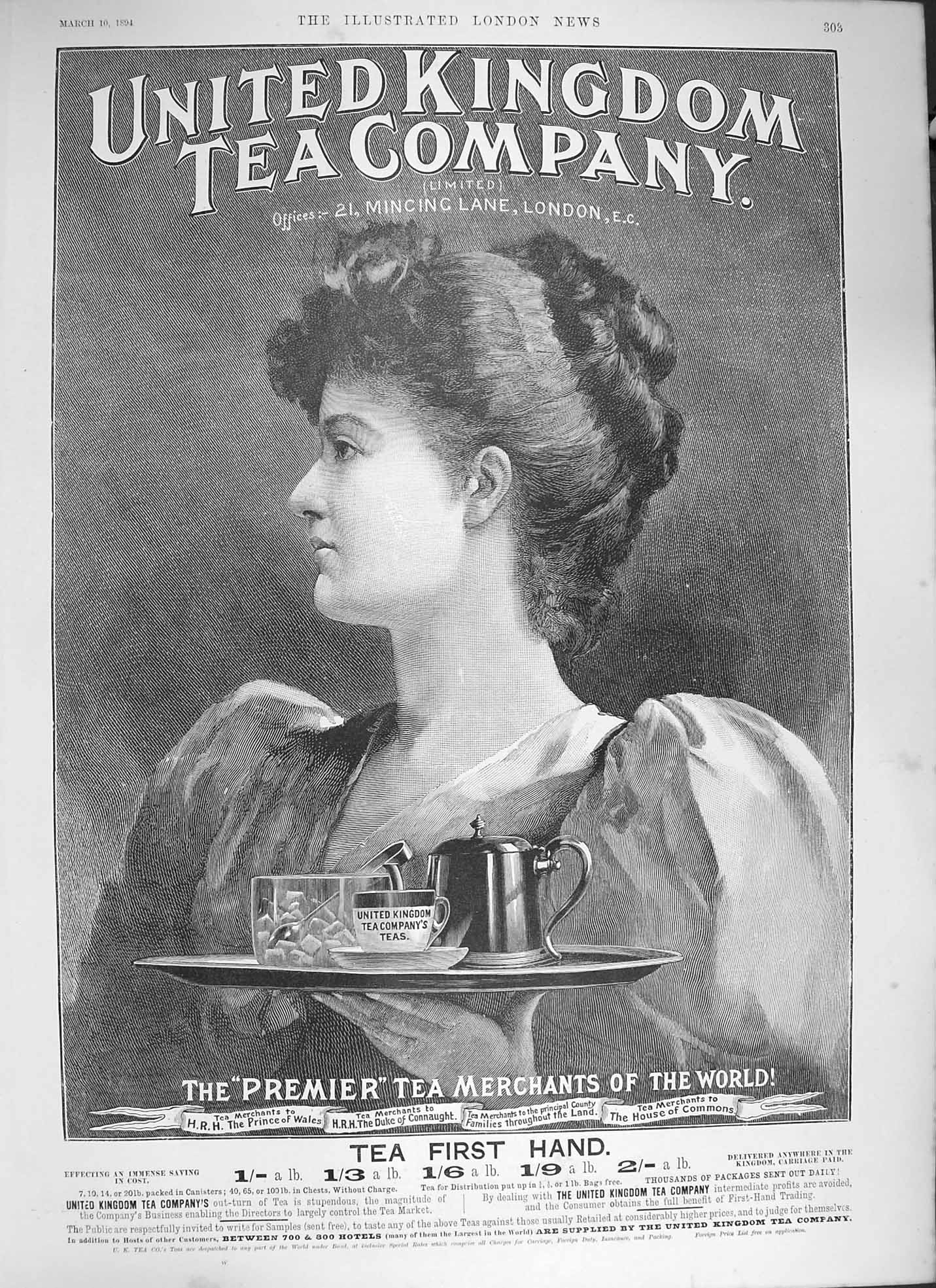 Original Old Antique Print 1894 Advertisement United Kingdom Tea Company 19th