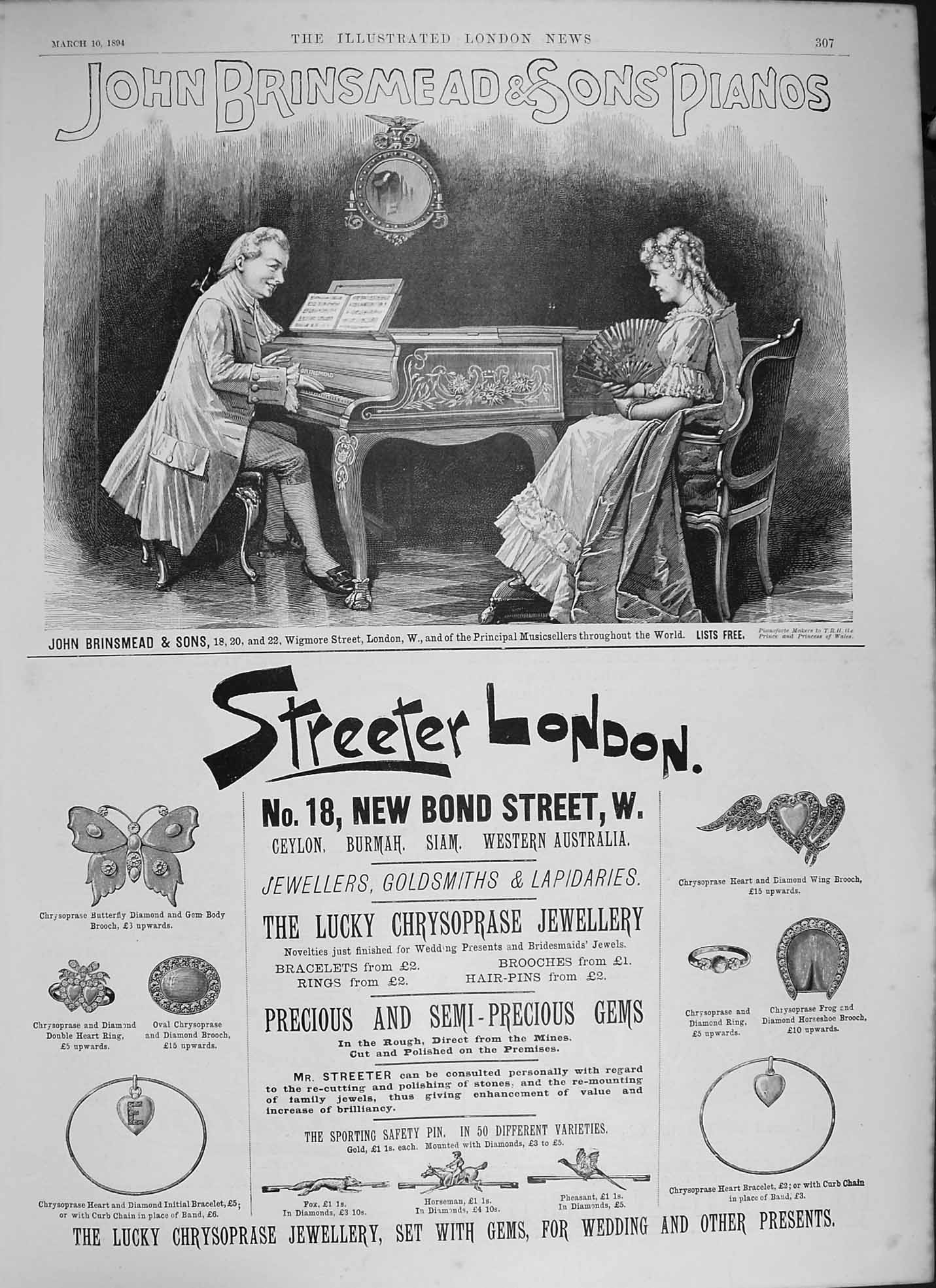 Original Old Antique Print 1894 Advertisement John Brinsmead Pianos Streeter