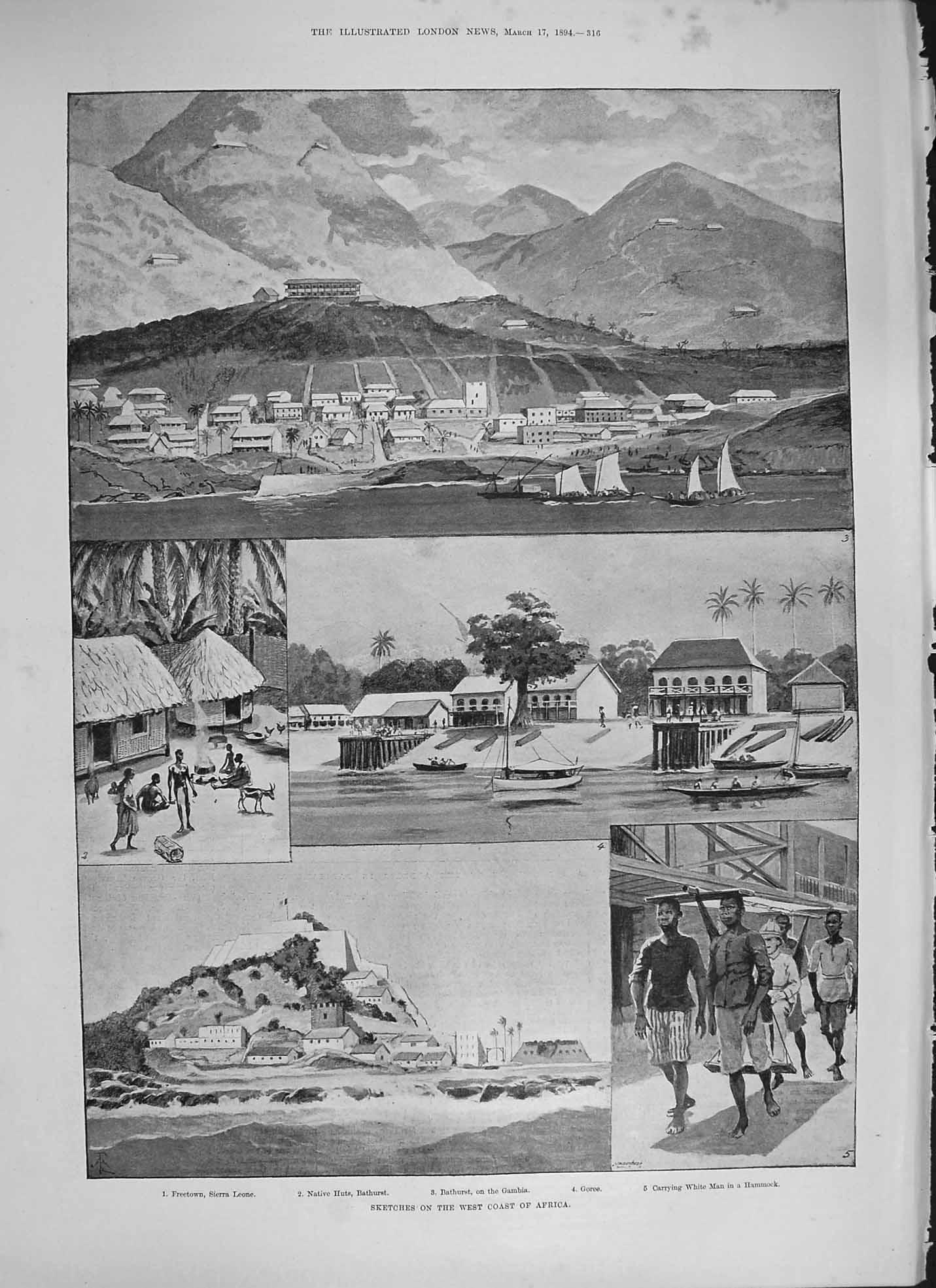 Original Old Antique Print 1894 Africa Freetown Sierra Leone Gambia Bathurst