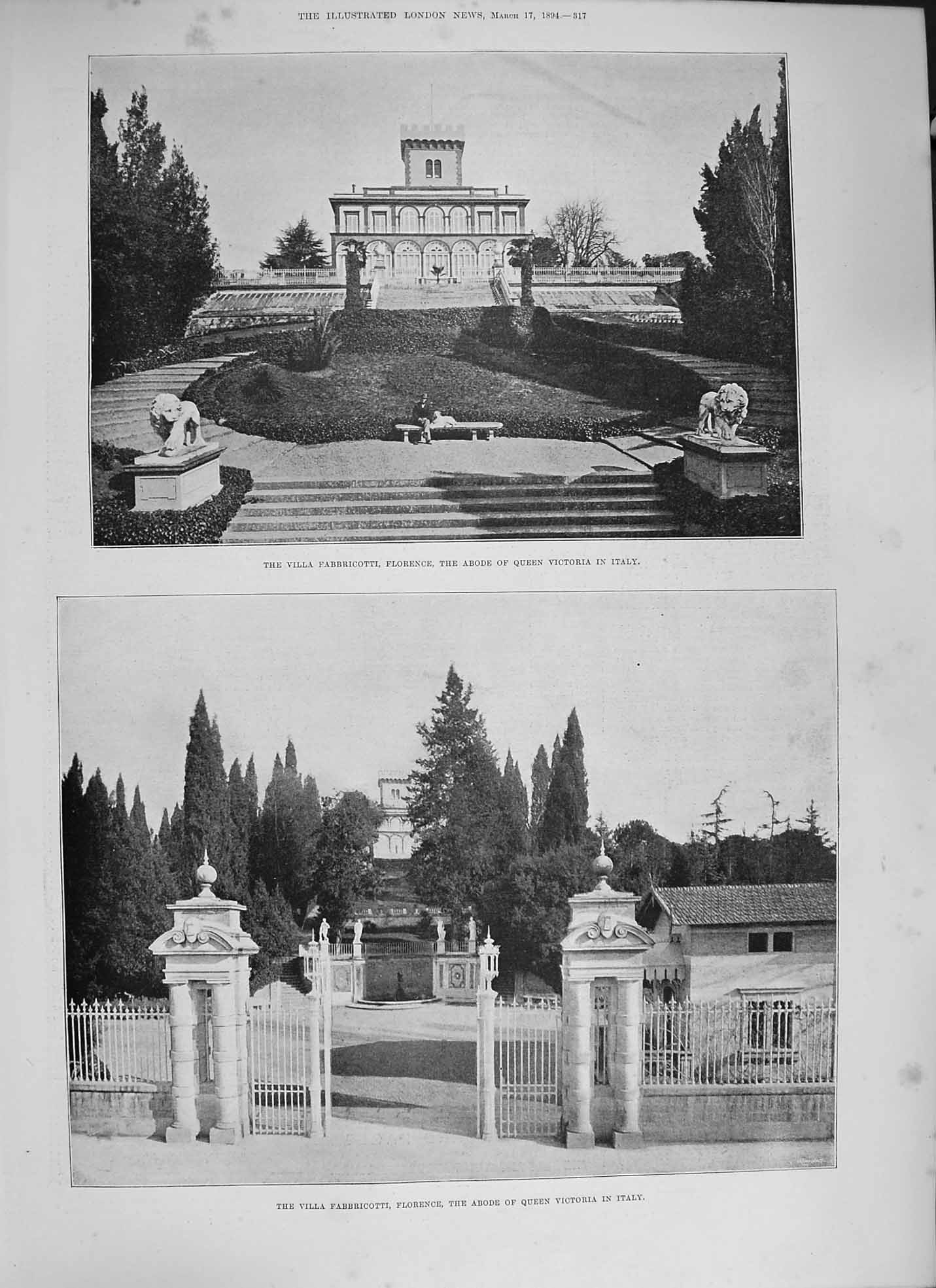 Original Old Antique Print 1894 Villa Fabbricotti Florence Queen Victori 19th