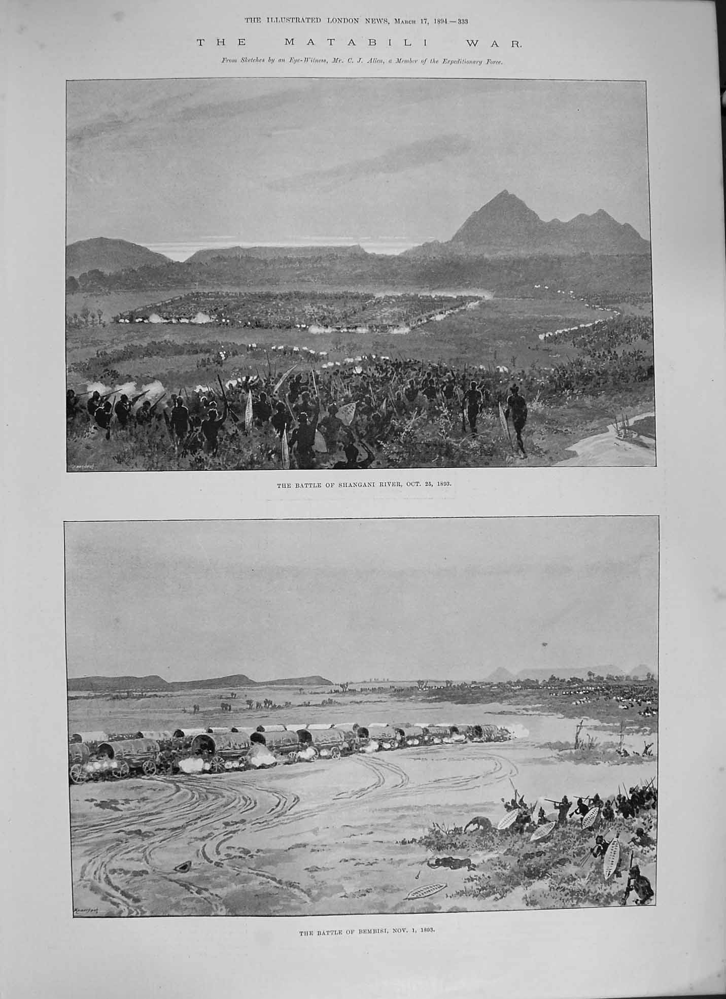 Original Old Antique Print 1894 Matabili War Battle Shangani River Battle 19th
