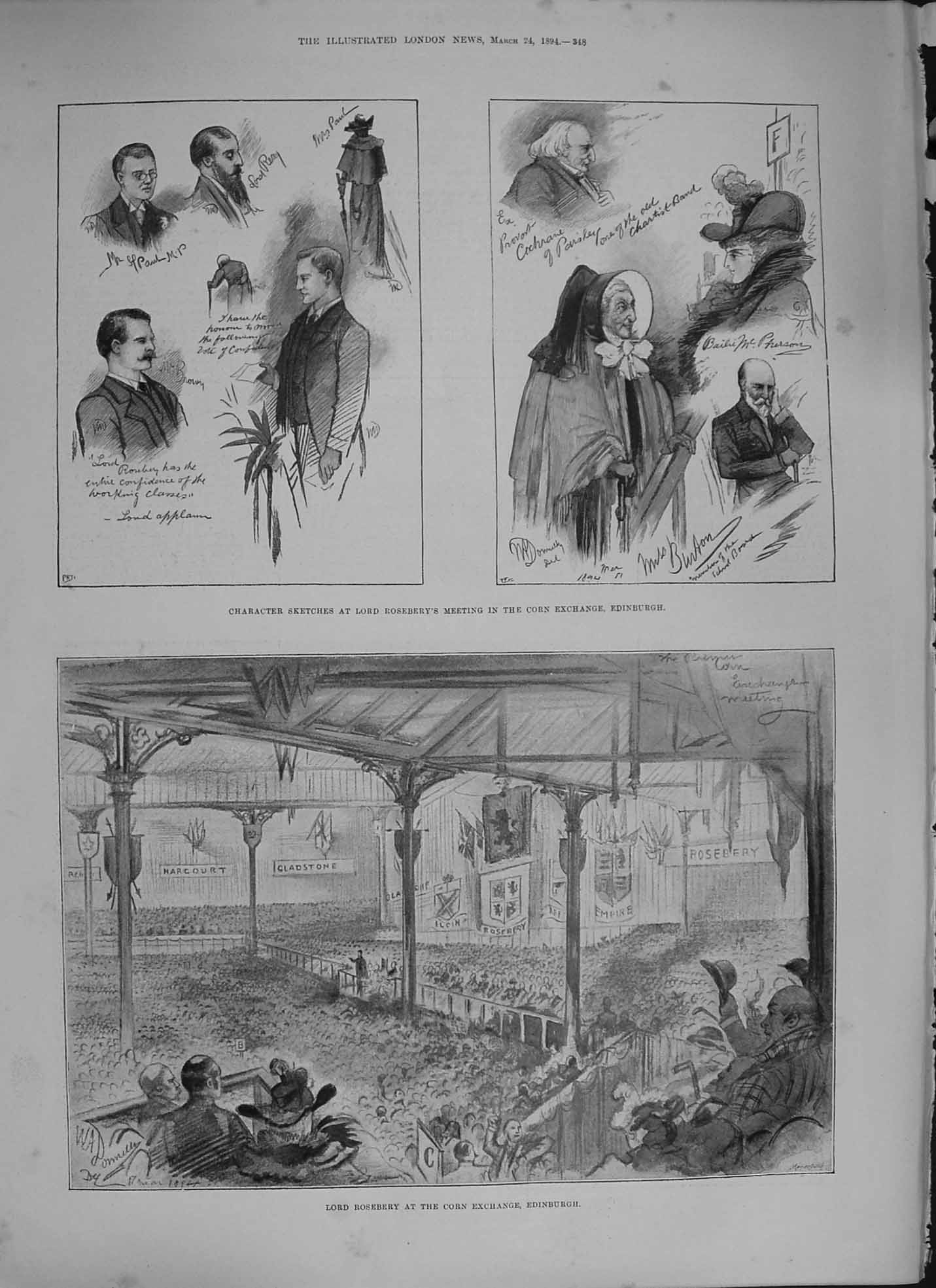 Original Old Antique Print 1894 Lord Roseberry Corn Exchange Edinburgh Scotland