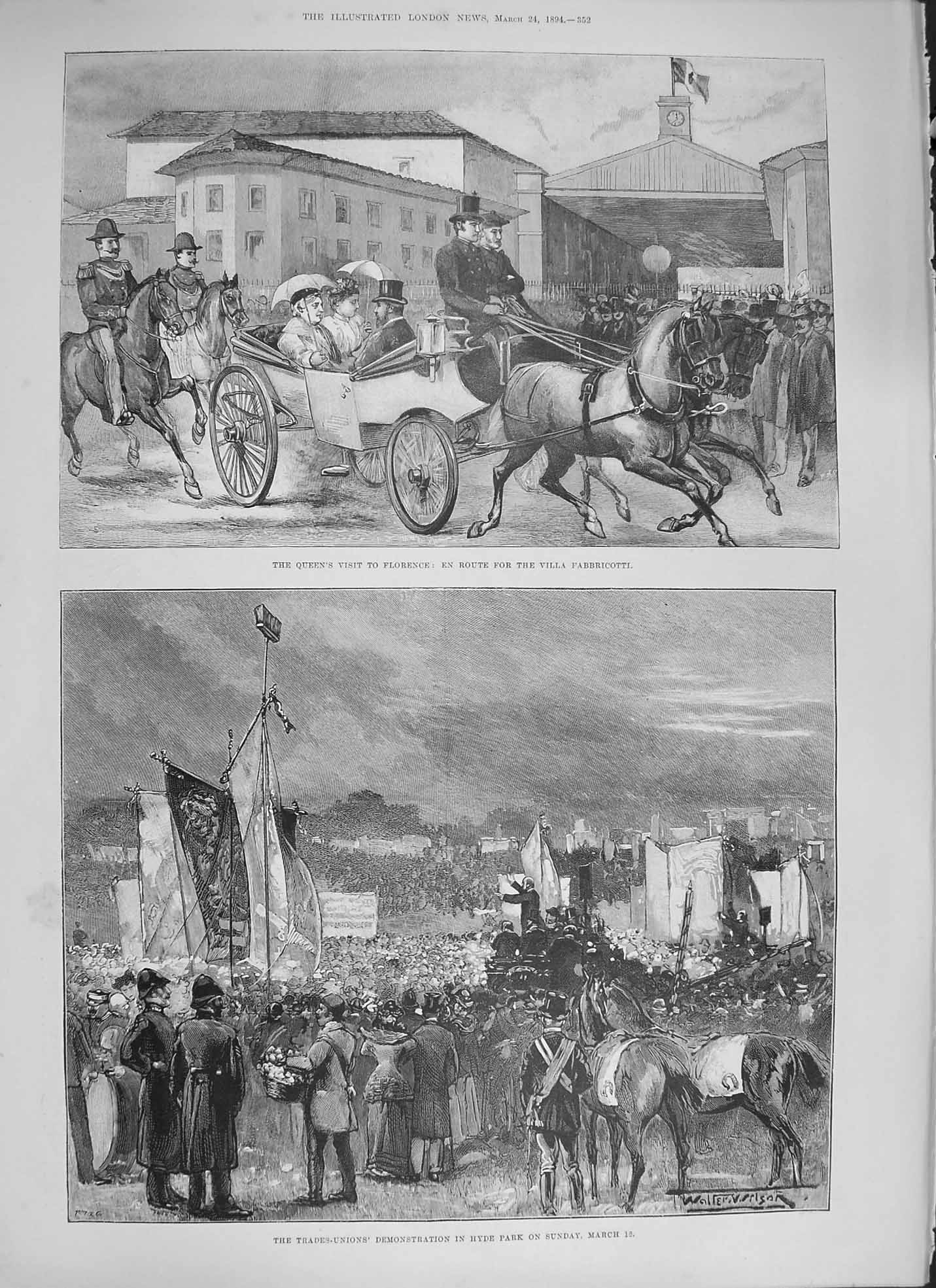 Original Old Antique Print 1894 Queen Florence Trade-Union Demonstration Hy 19th
