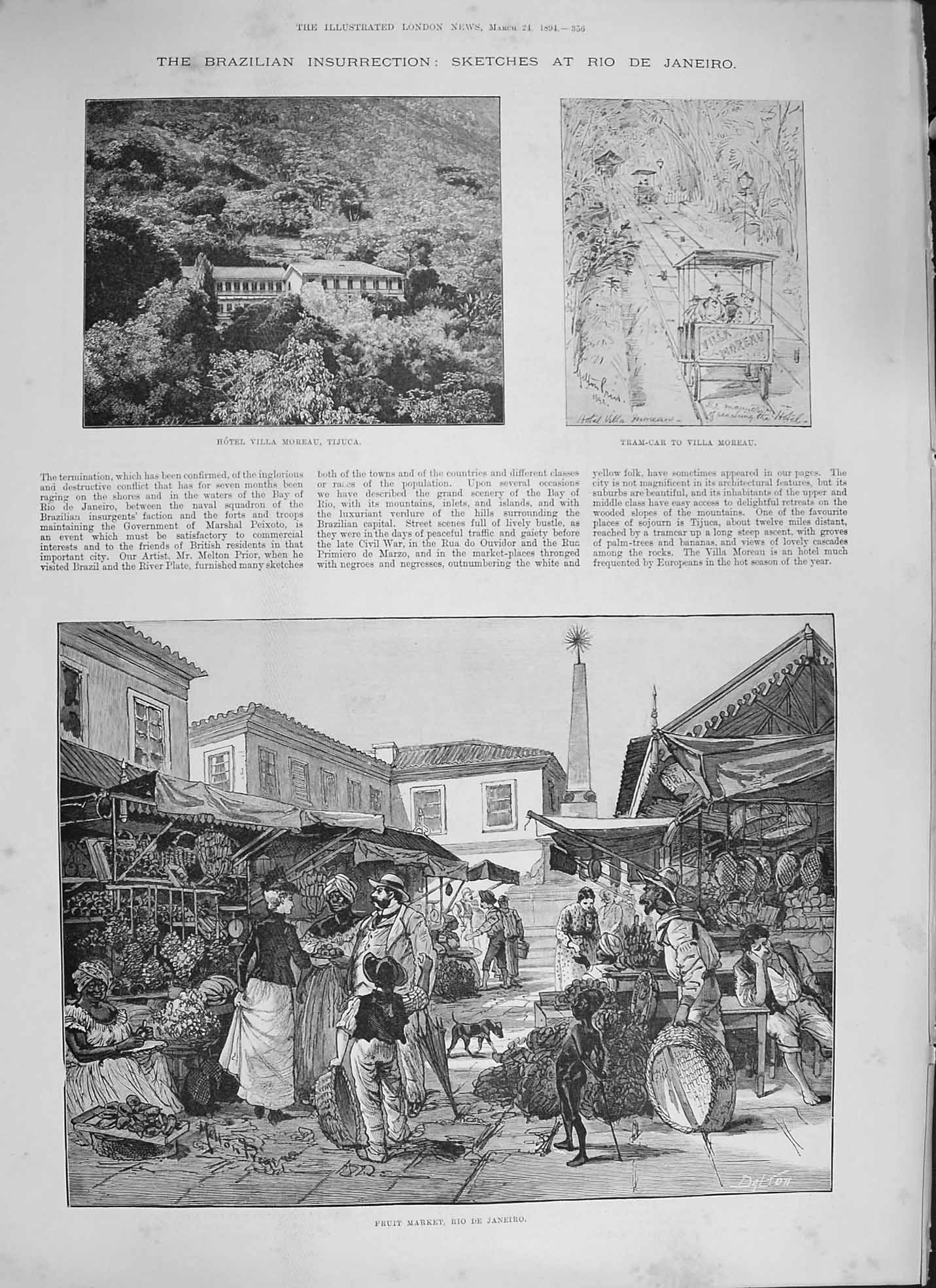 Old Antique Print 1894 Hotel Villa Moreau Tijuca Fruit Market Rio Janeiro 19th