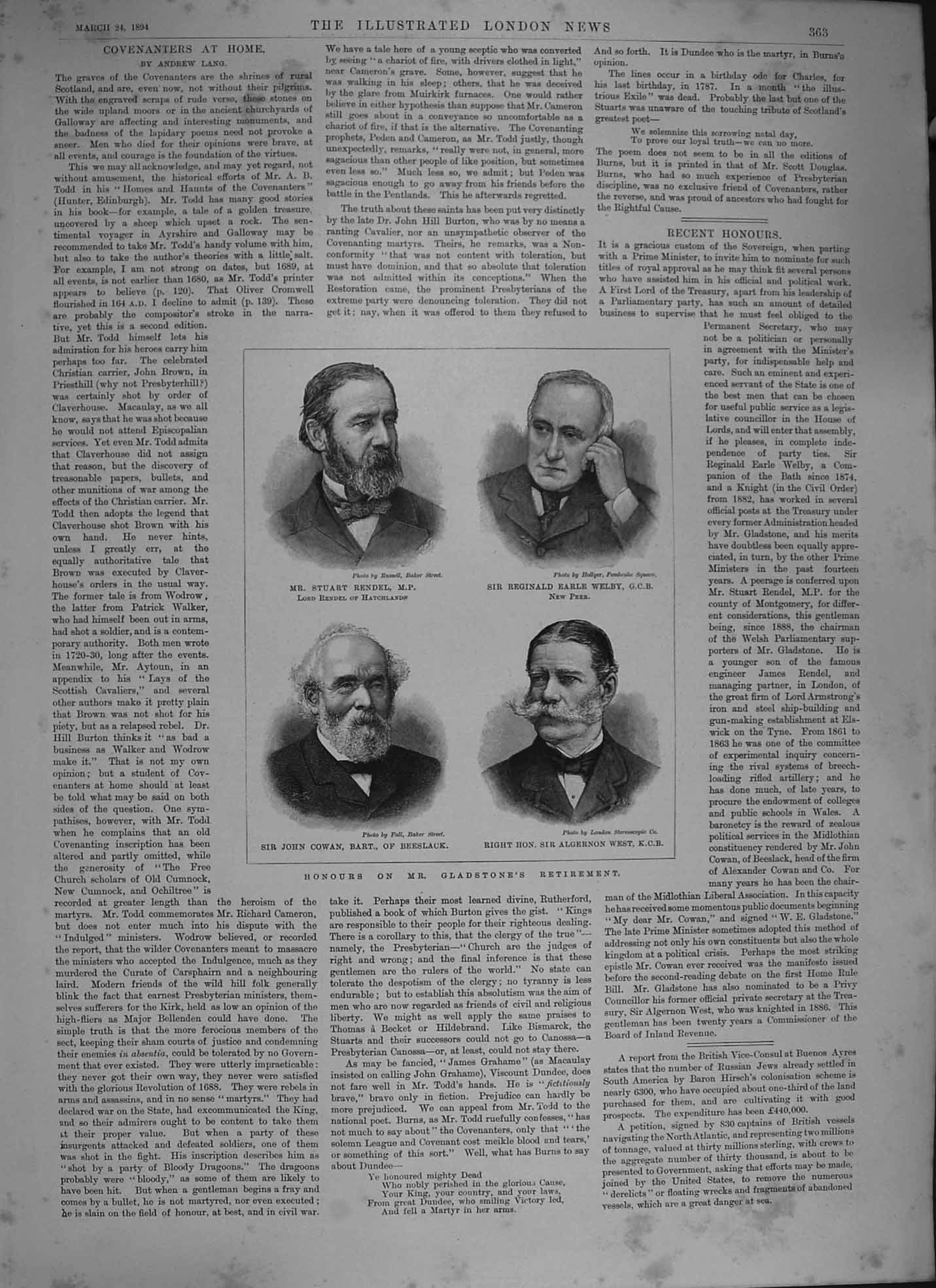 Original Old Antique Print 1894 Gladstone Rendel Welby Cowan West Brigand Kurd