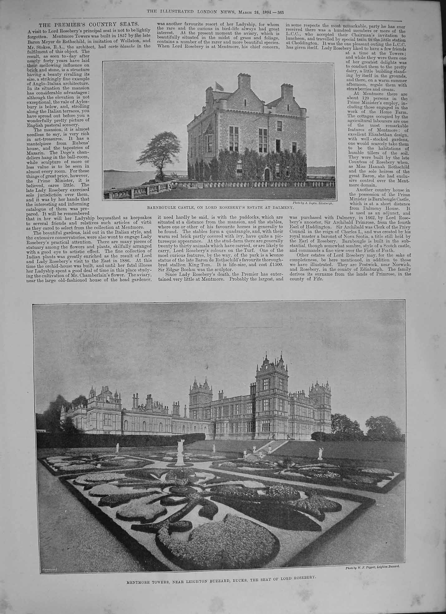 Old Antique Print 1894 Barnbougle Castle Lord Roseberry Mentmore Towers 19th