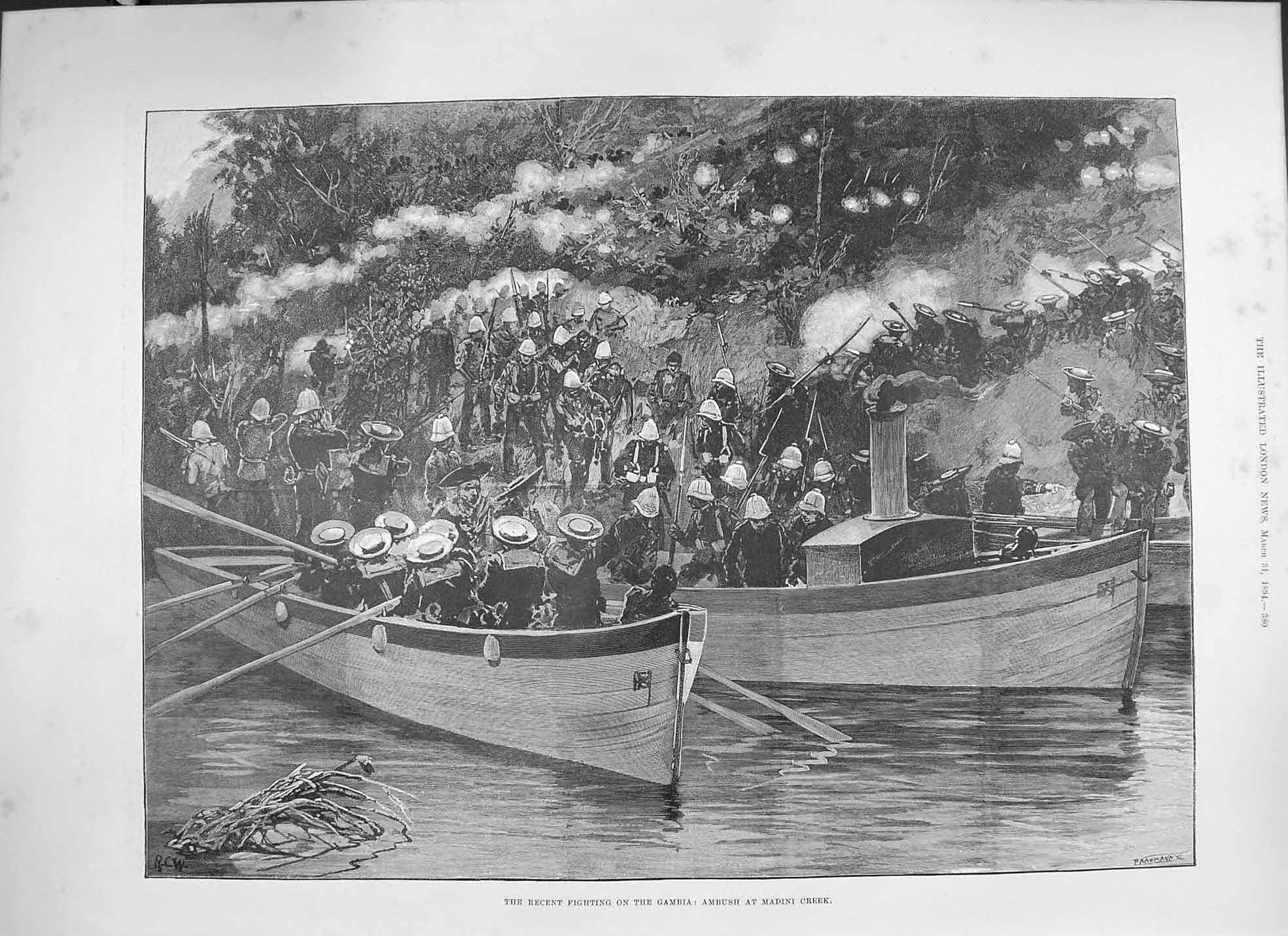 Original Old Antique Print 1894 Ambush Madini Creek Gambia Boat Captain Cameron