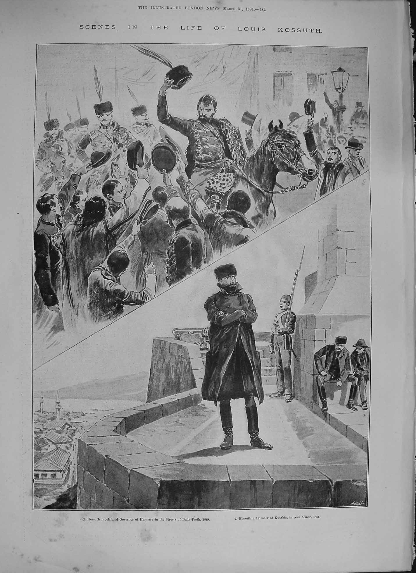 Original Old Antique Print 1894 Louis Kossuth Governor Hungary Prisoner 19th