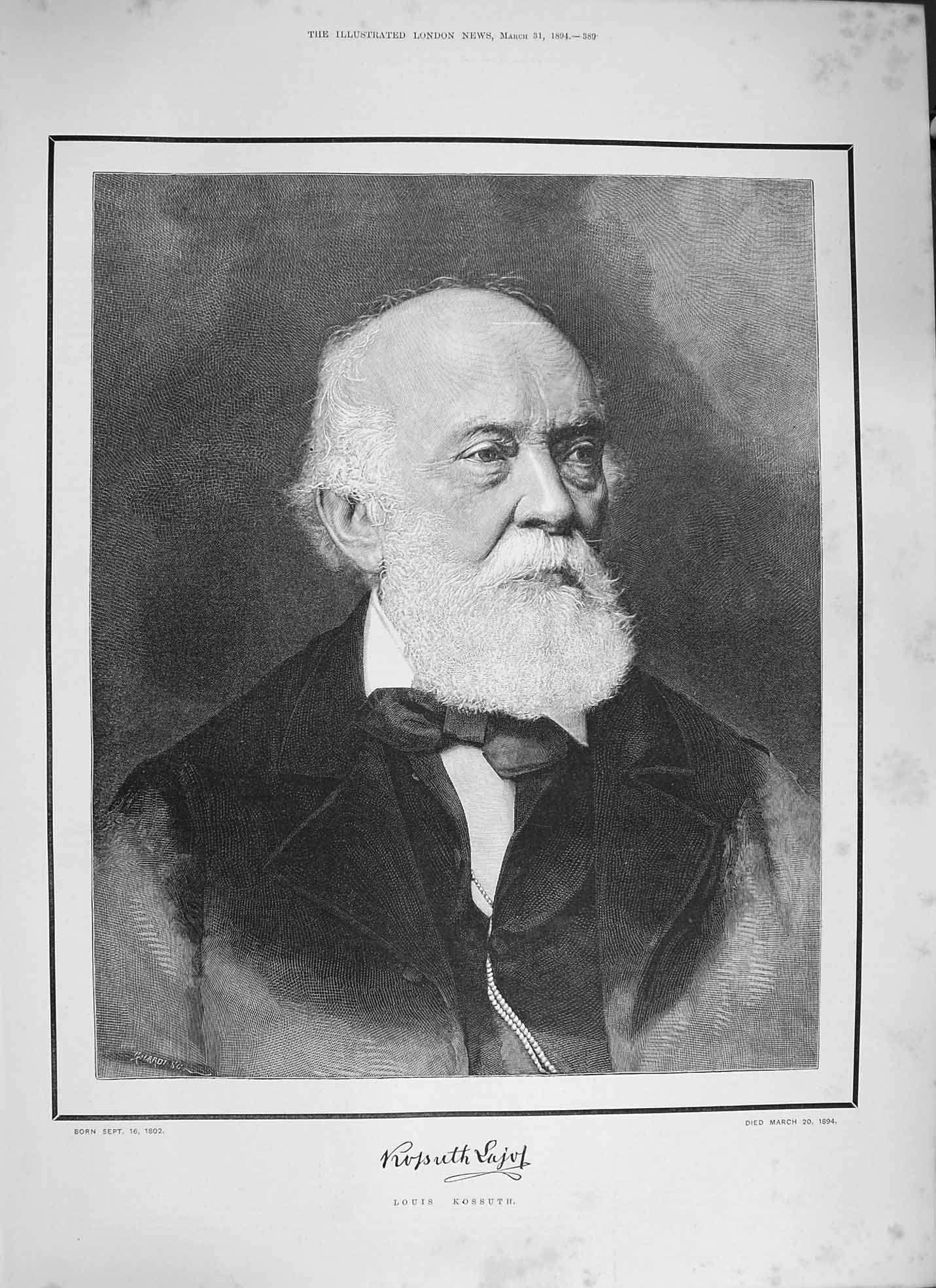 Original Old Antique Print 1894 Portrait Louis Kossuth Gentleman 19th