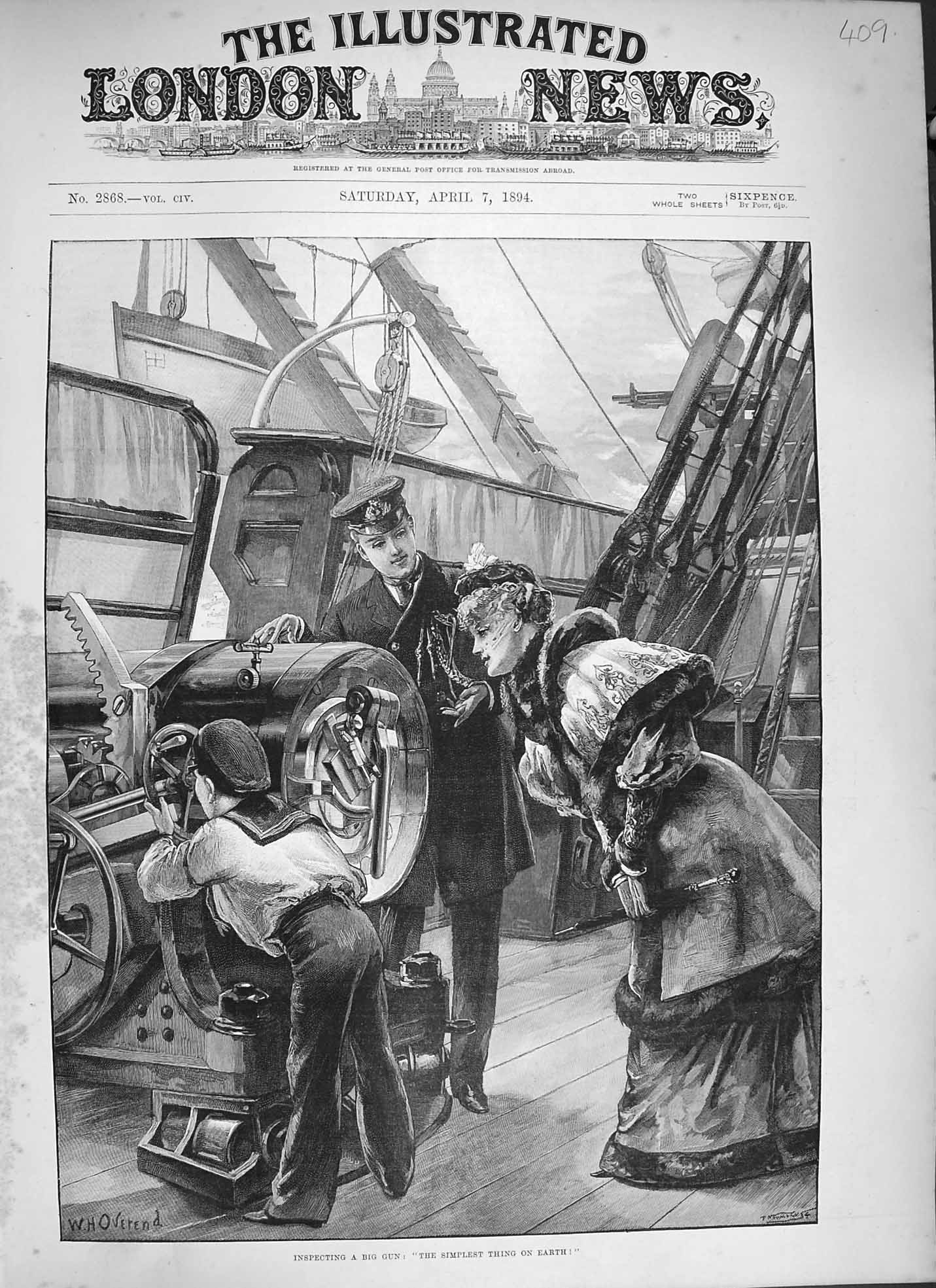 Original Old Antique Print 1894 War Ship Lady Inspecting Big Gun Sailor Boy