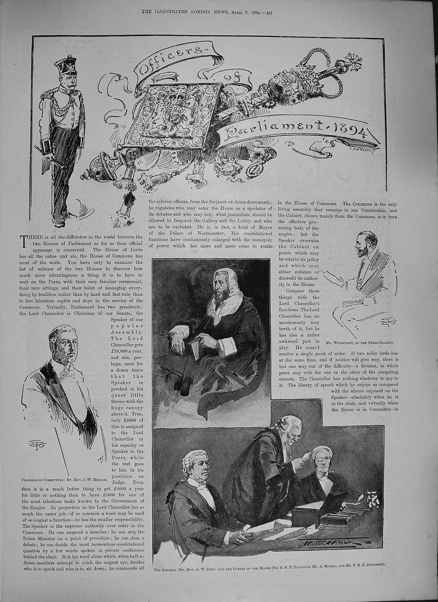Old Antique Print 1894 Parliament Speaker Peel Palgrave Milman Jenkinson 19th