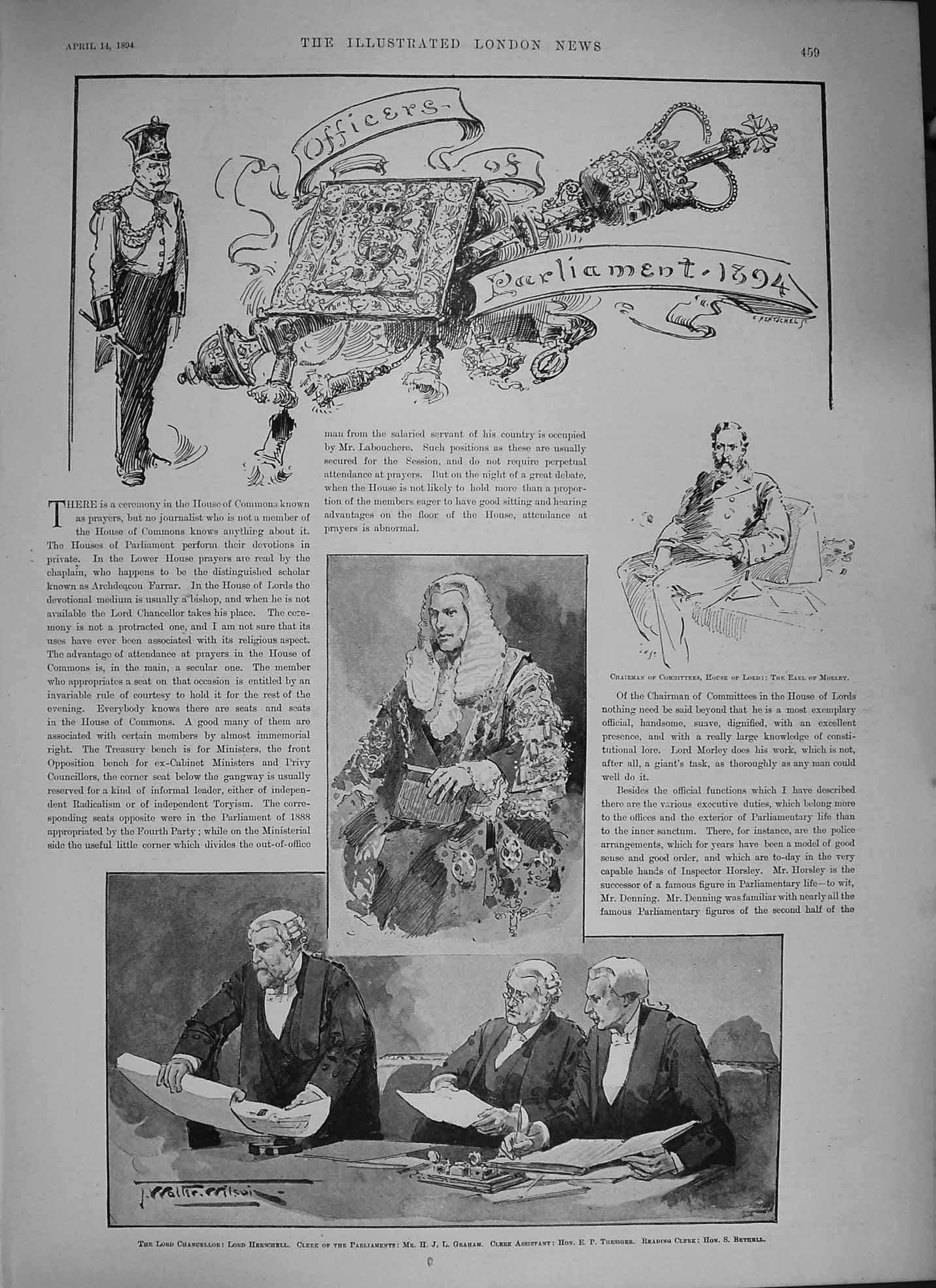 Original Old Antique Print 1894 Parliament Chancellor Herschell Graham Bethell