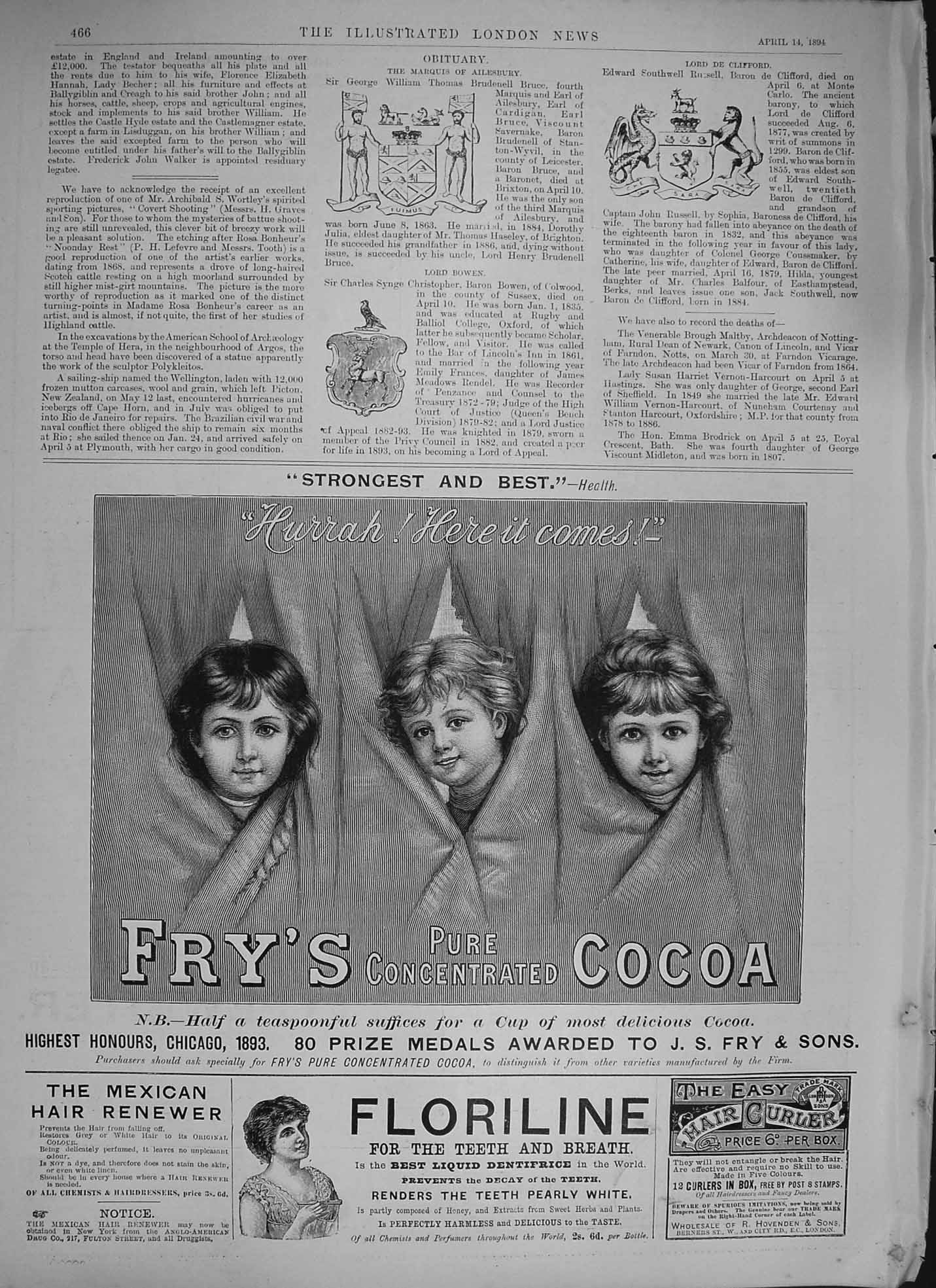 Old Antique Print 1894 Advertisement Fry'S Pure Concentrated Cocoa Drink 19th