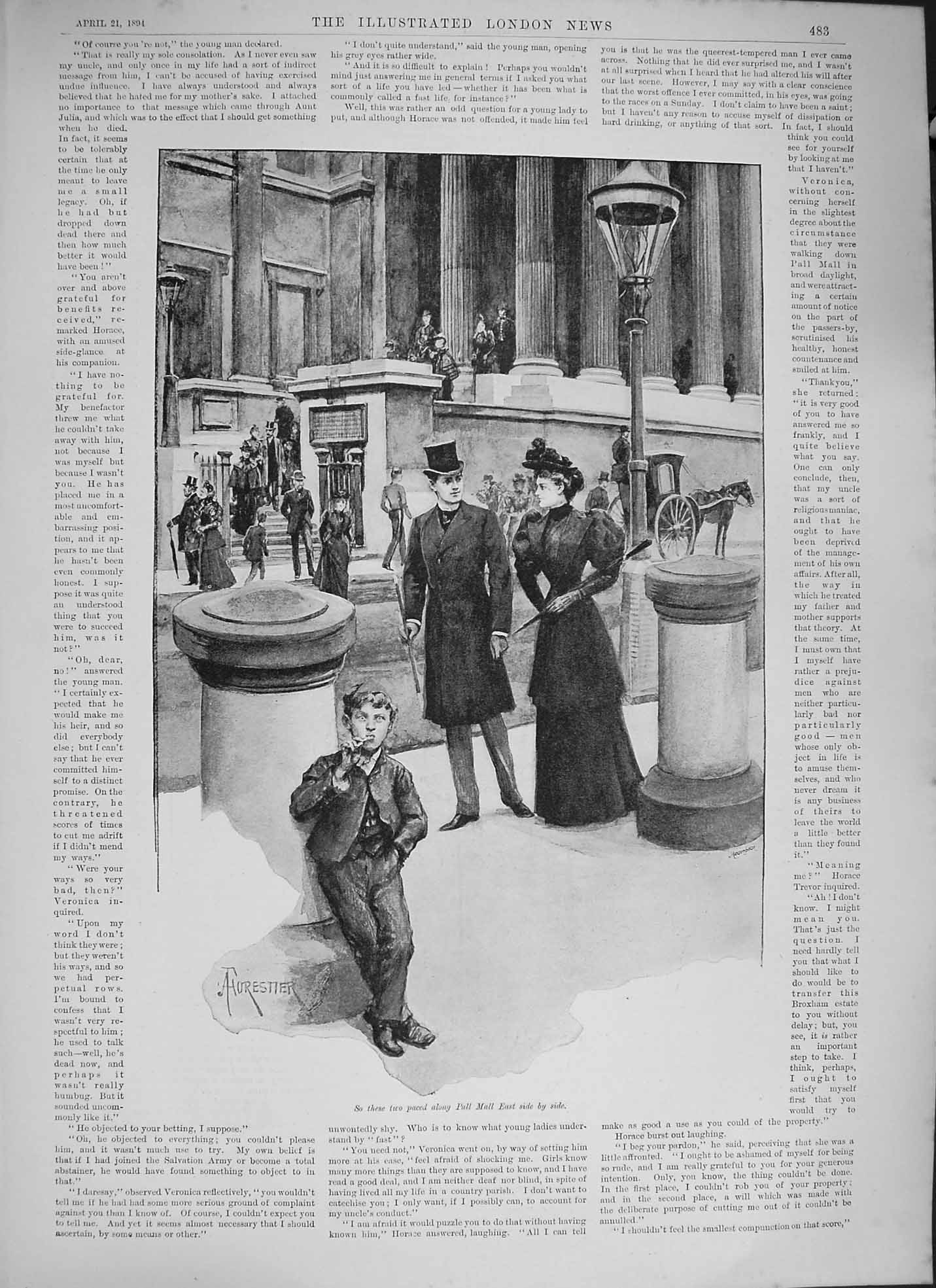 Original Old Antique Print 1894 Pall Mall London Young Boy Man Woman Romance