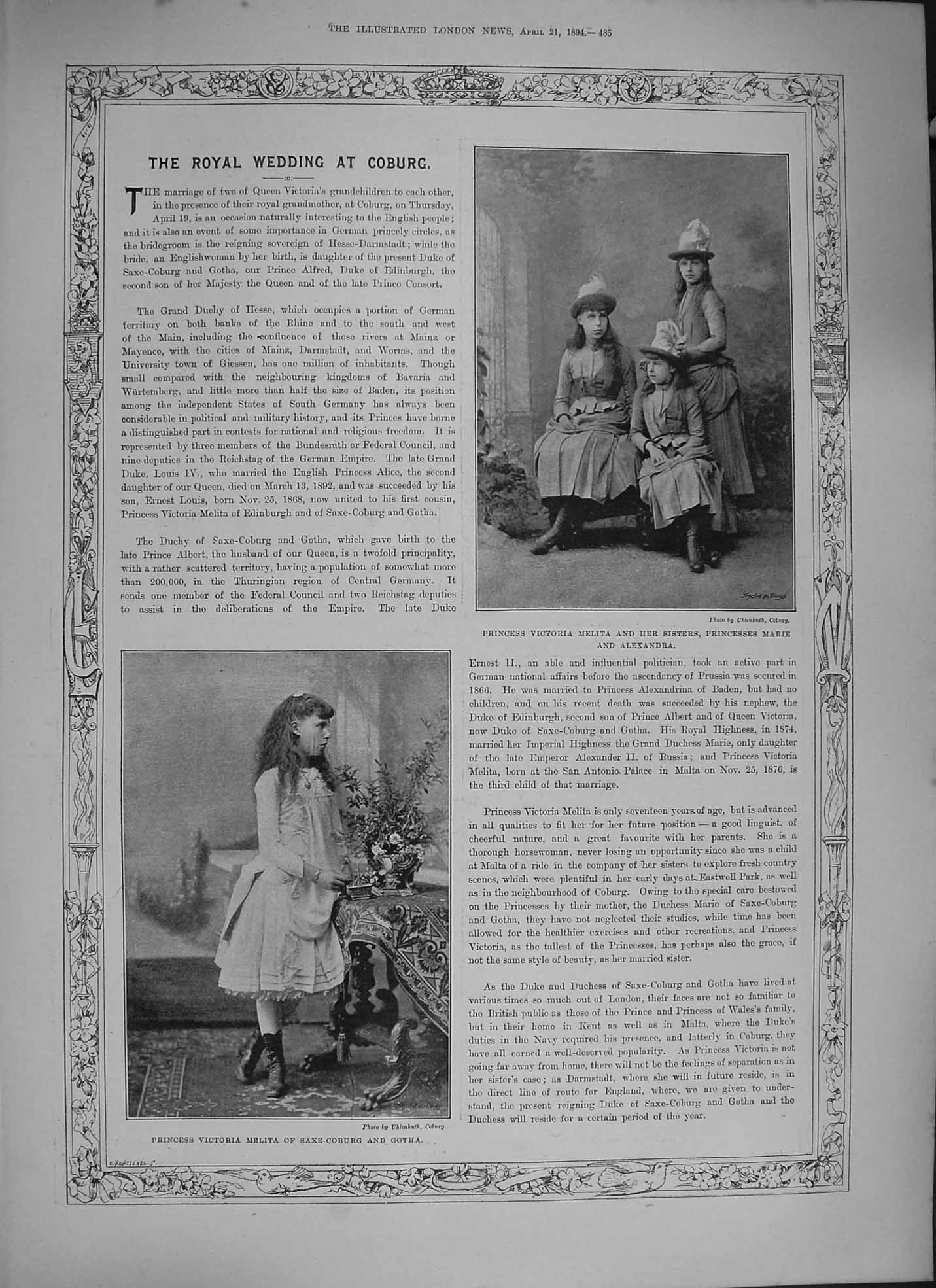 Old Antique Print 1894 Royal Wedding Coburg Princess Victoria Ehrenburg 19th