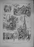 Original Old Antique Print 1894 Grantham Lincolnshire Angel Hotel Church School