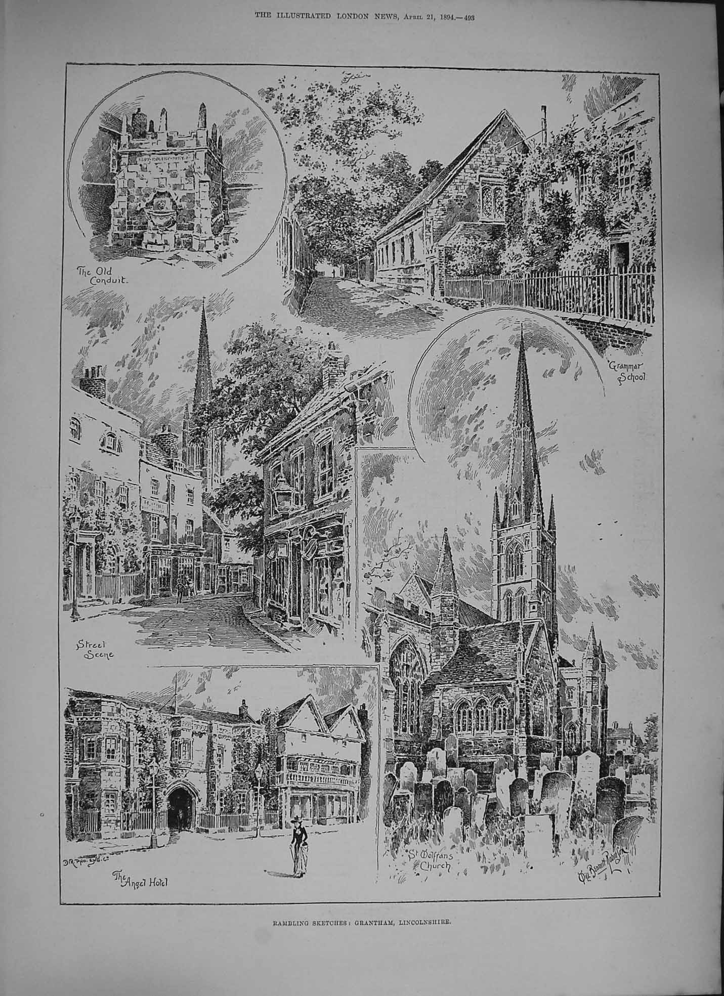 Original Old Antique Print 1894 Grantham Lincolnshire Angel Hotel Church School