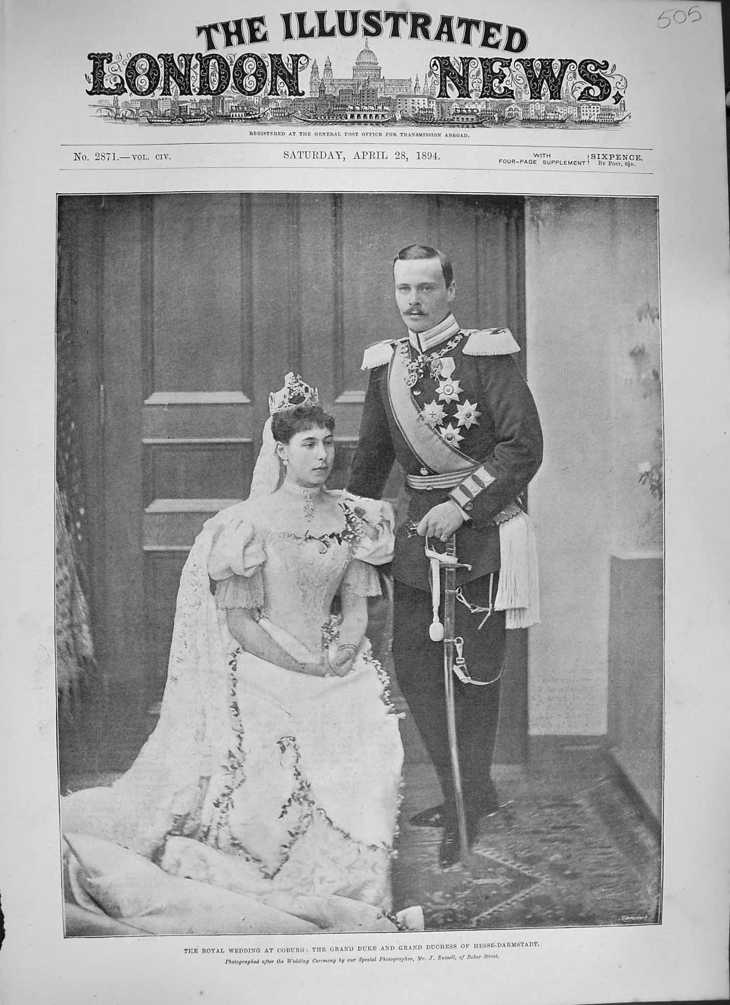 Original Old Antique Print 1894 Royal Wedding Coburg Grand Duke Hesse-Darmstadt