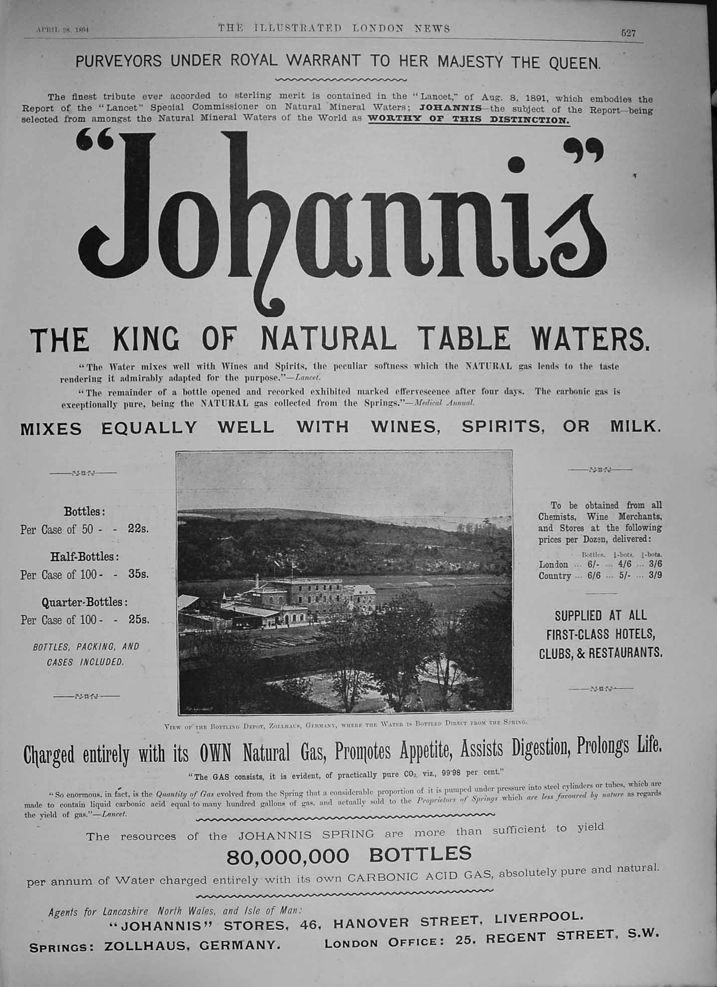 Original Old Antique Print 1894 Advertisement Johannis Table Water Liverpool