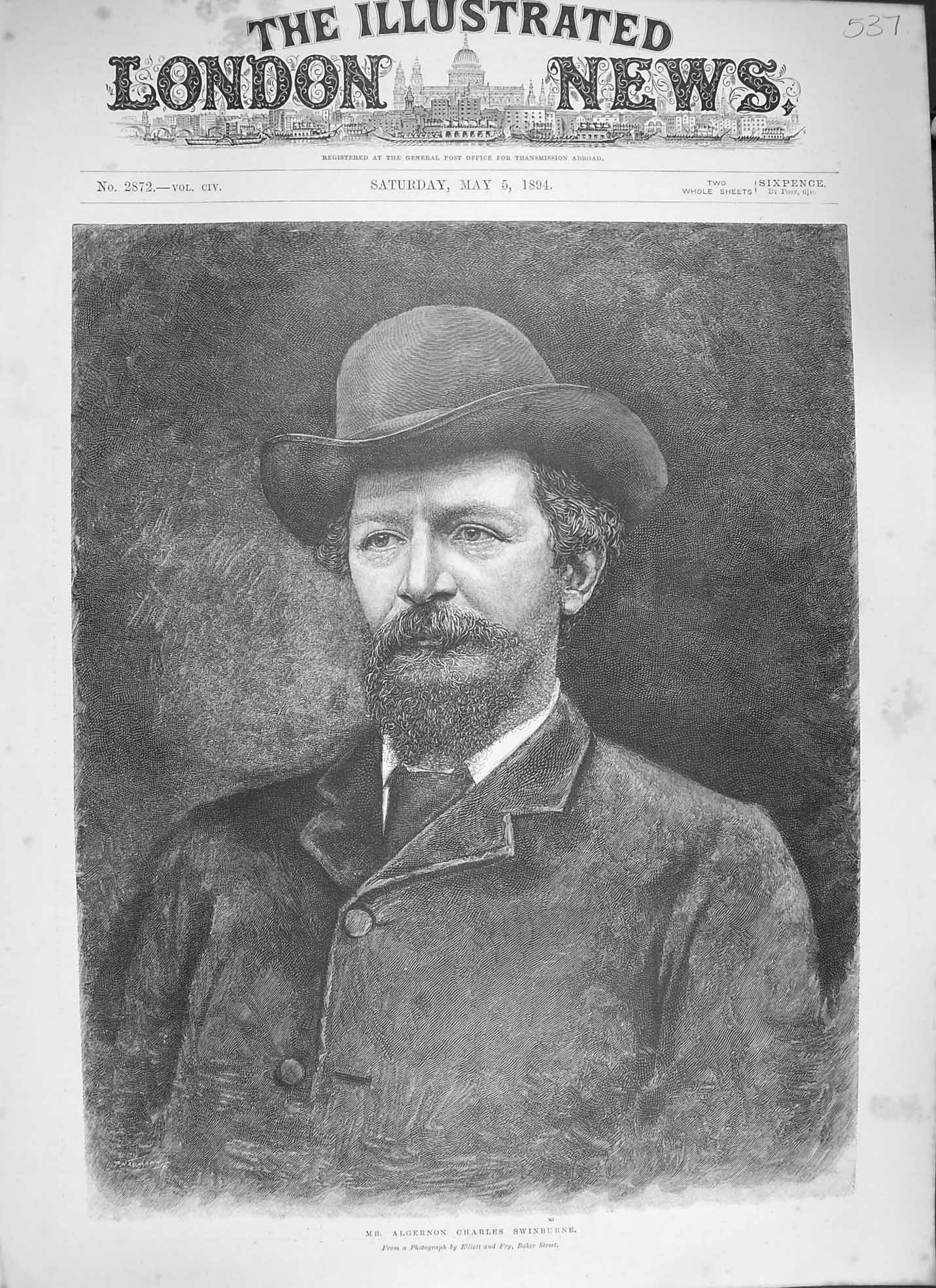 Original Old Antique Print 1894 Portrait Mr. Algernon Charles Swinburne 19th