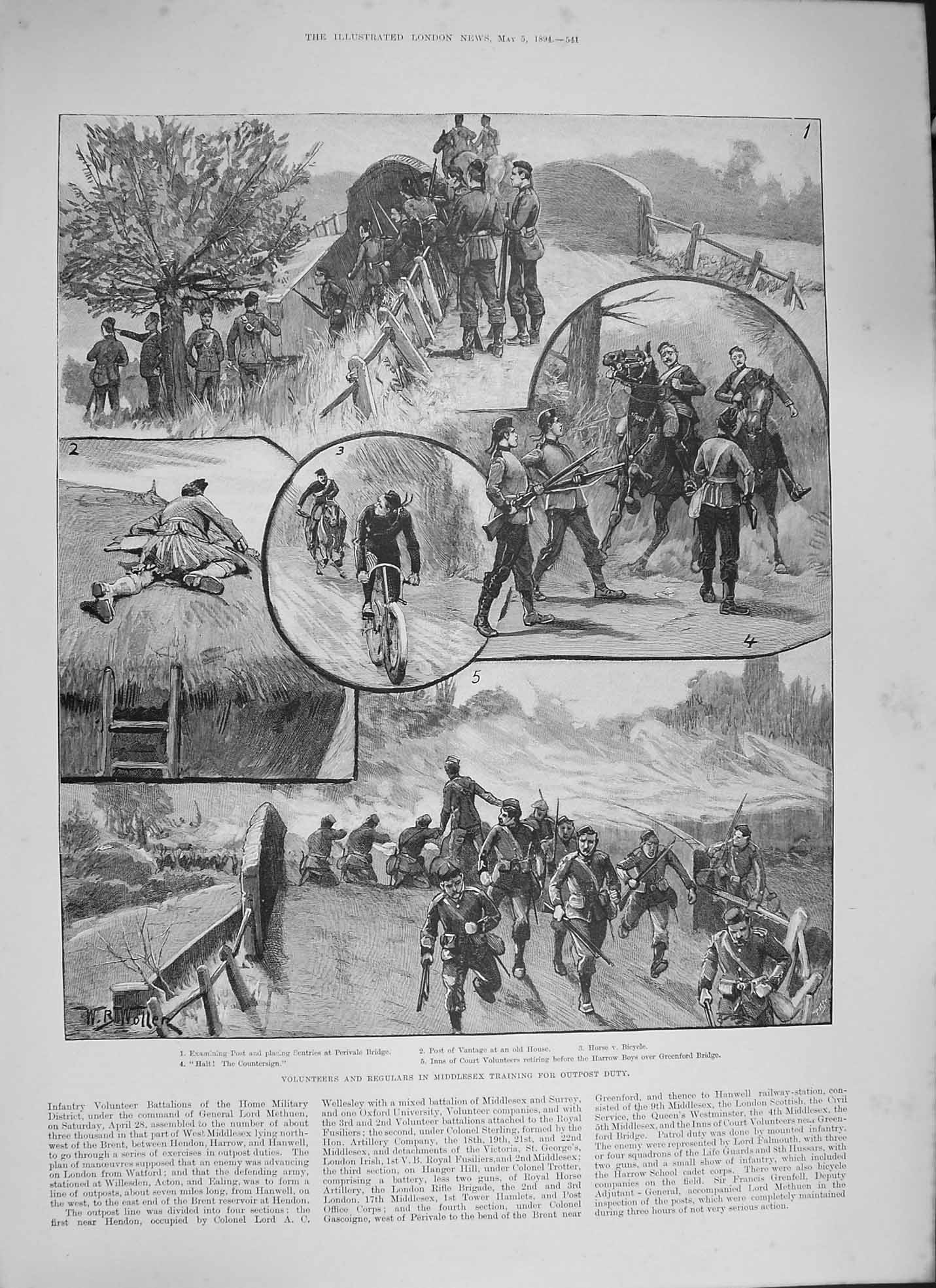Old Antique Print 1894 Volunteers Regulars Middlesex Training Outpost War 19th