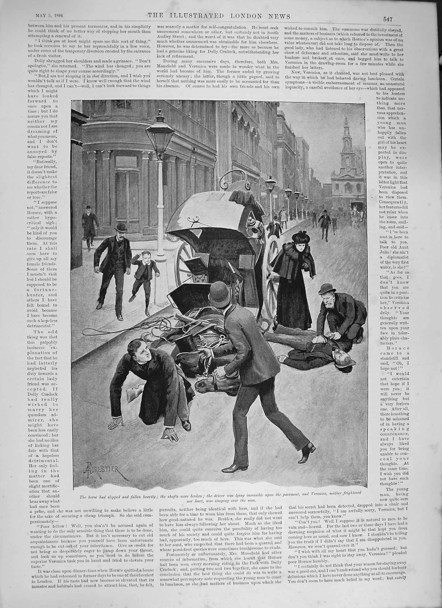 Original Old Antique Print 1894 Street Scene Horse Coach Transport Injured Man