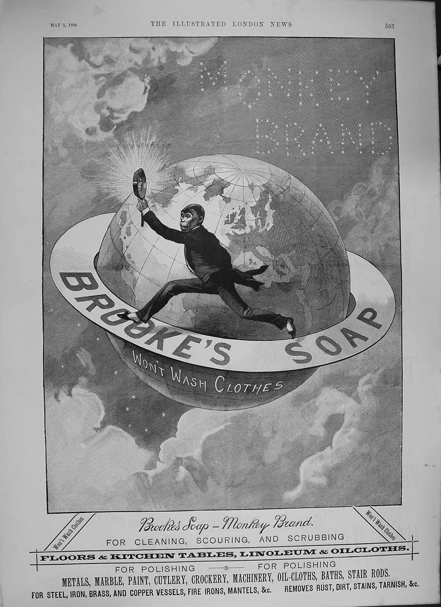 Antique Old Print *3852 1894 Advertisement Brookes Monkey Brand Soap Washing
