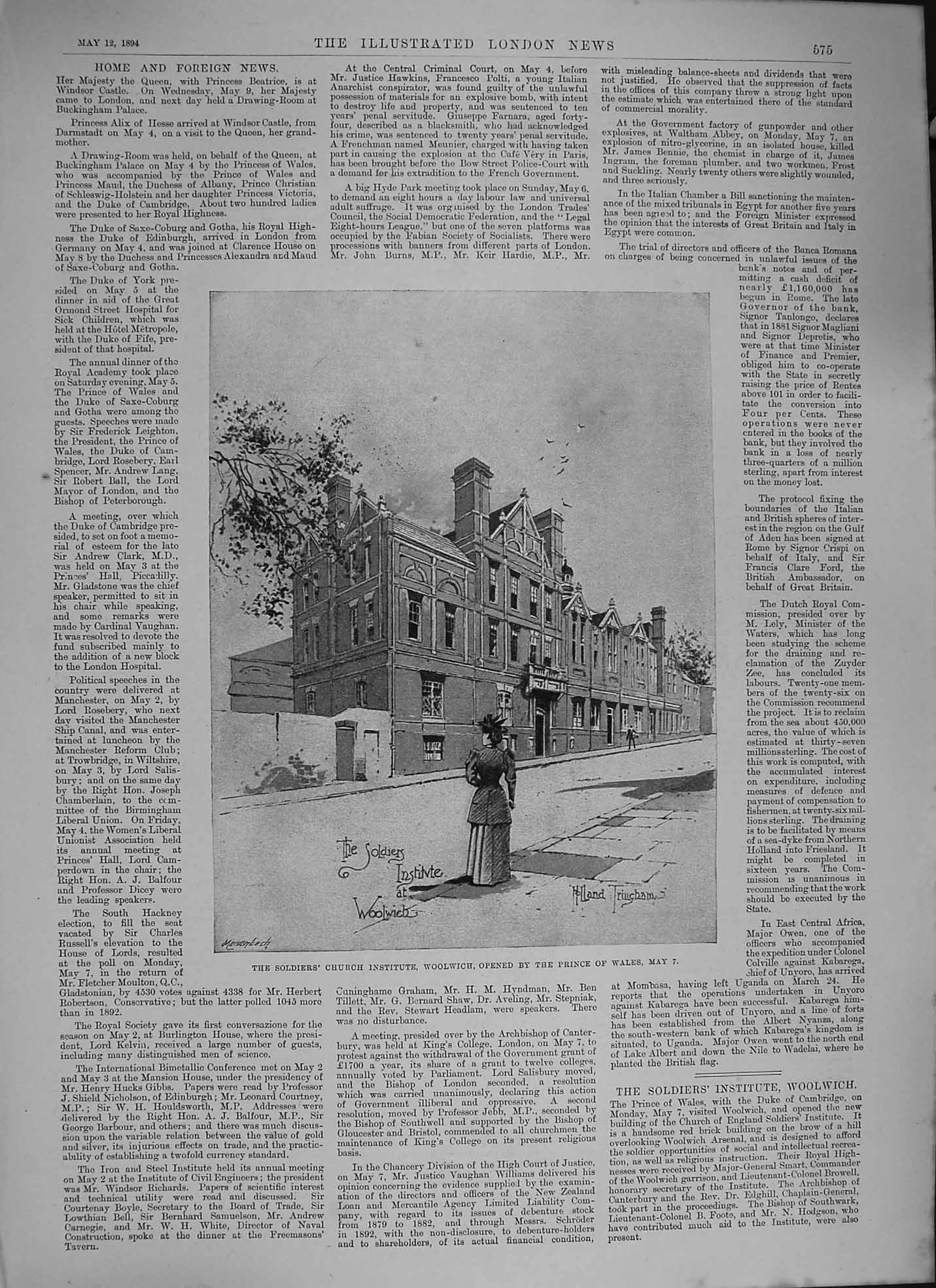 Old Antique Print *3848 1894 Siers Church Institute Woolwich Prince Wales