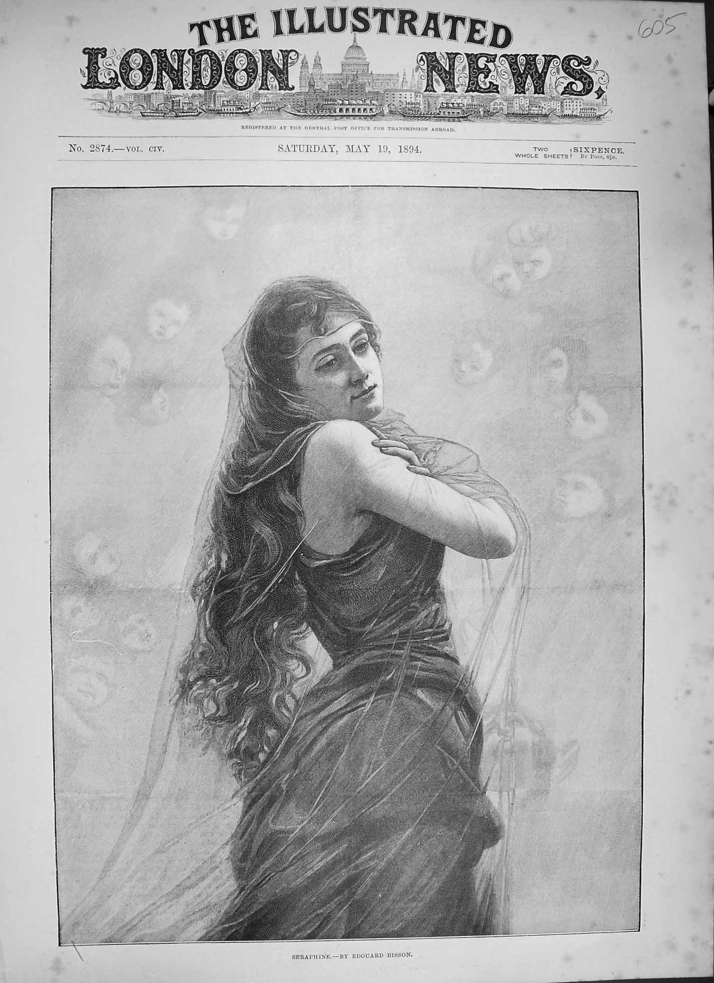 Original Old Antique Print 1894 Portrait Seraphine Beautiful Woman Victorian