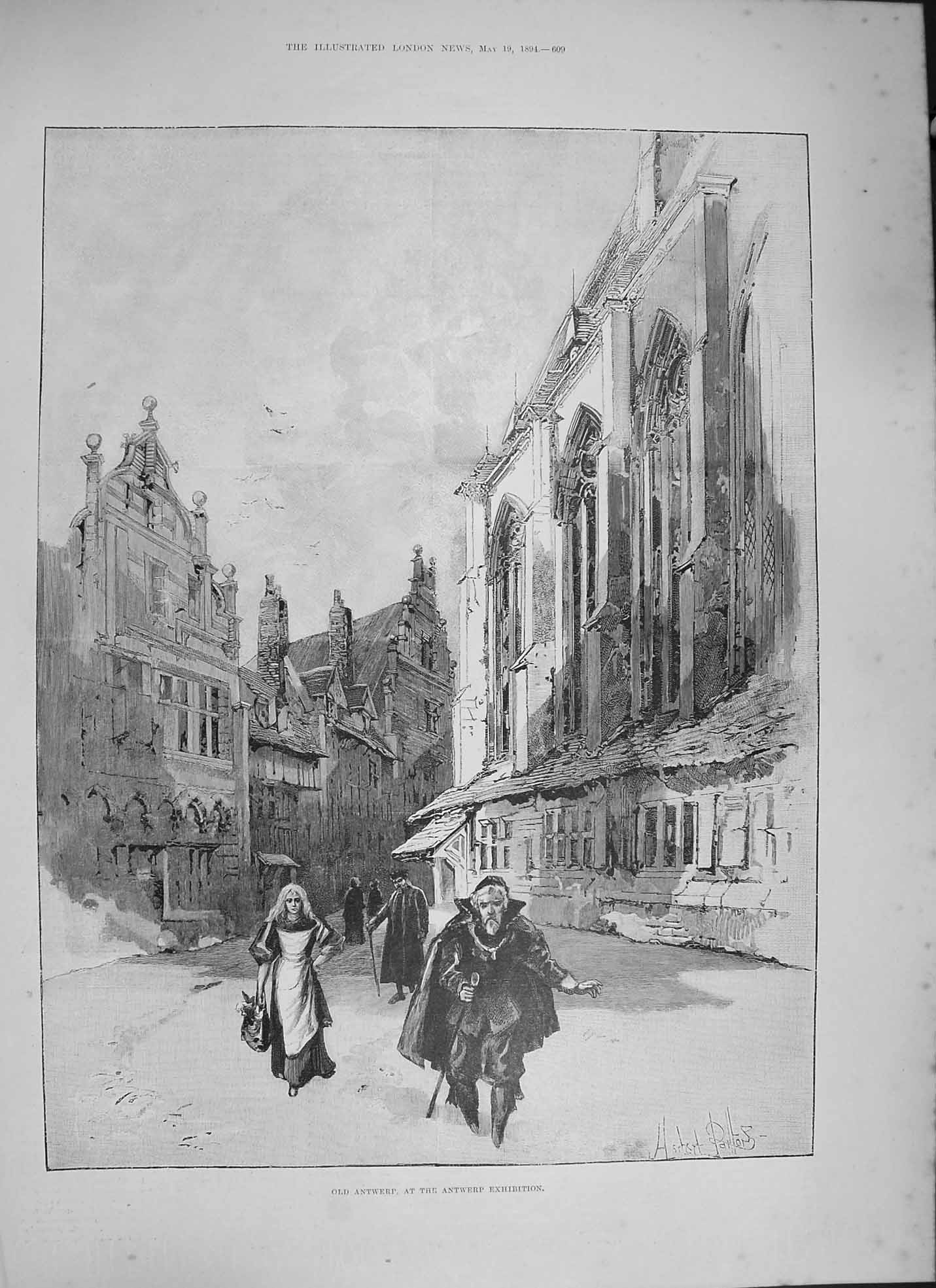 Original Old Antique Print 1894 Street Scene Antwerp Exhibition Architecture