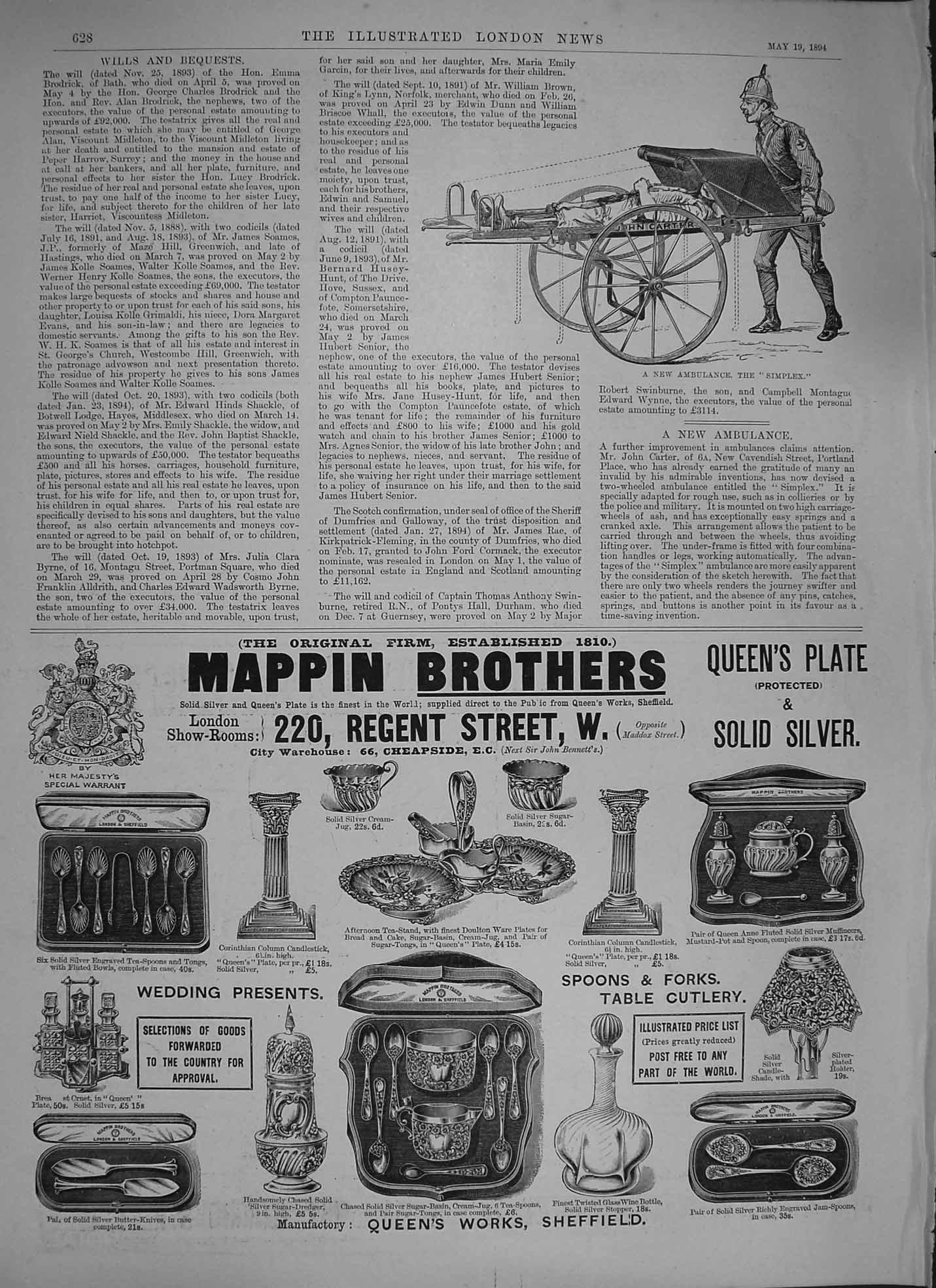 Original Old Antique Print 1894 Ambulance Simplex John Carter Mappin Sheffield