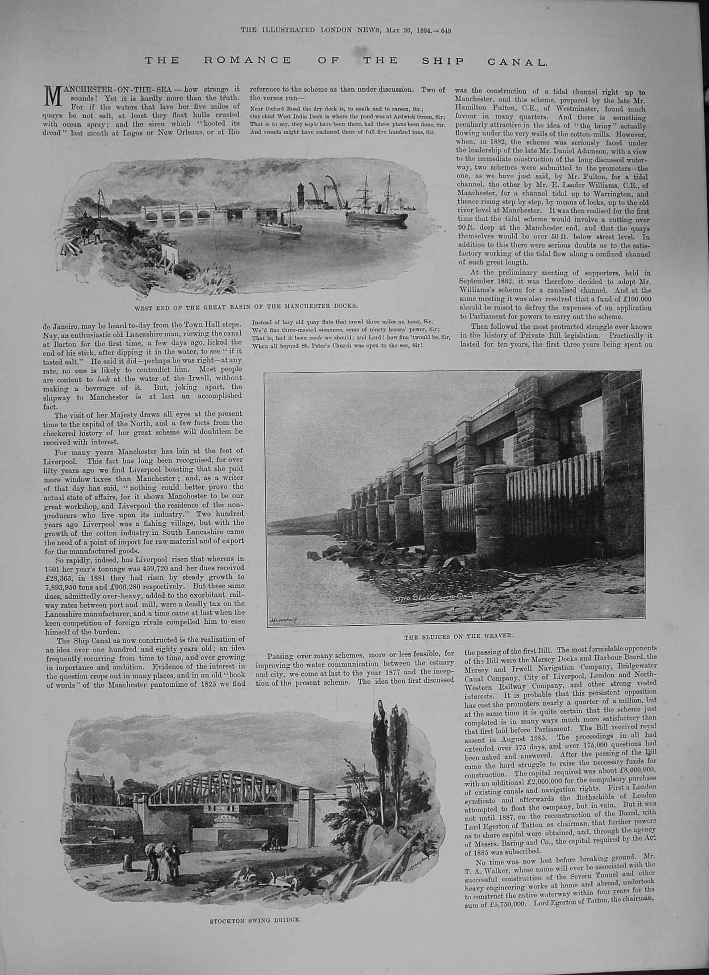 Original Old Antique Print 1894 Manchester Ship Canal Stockton Bridge Trafford
