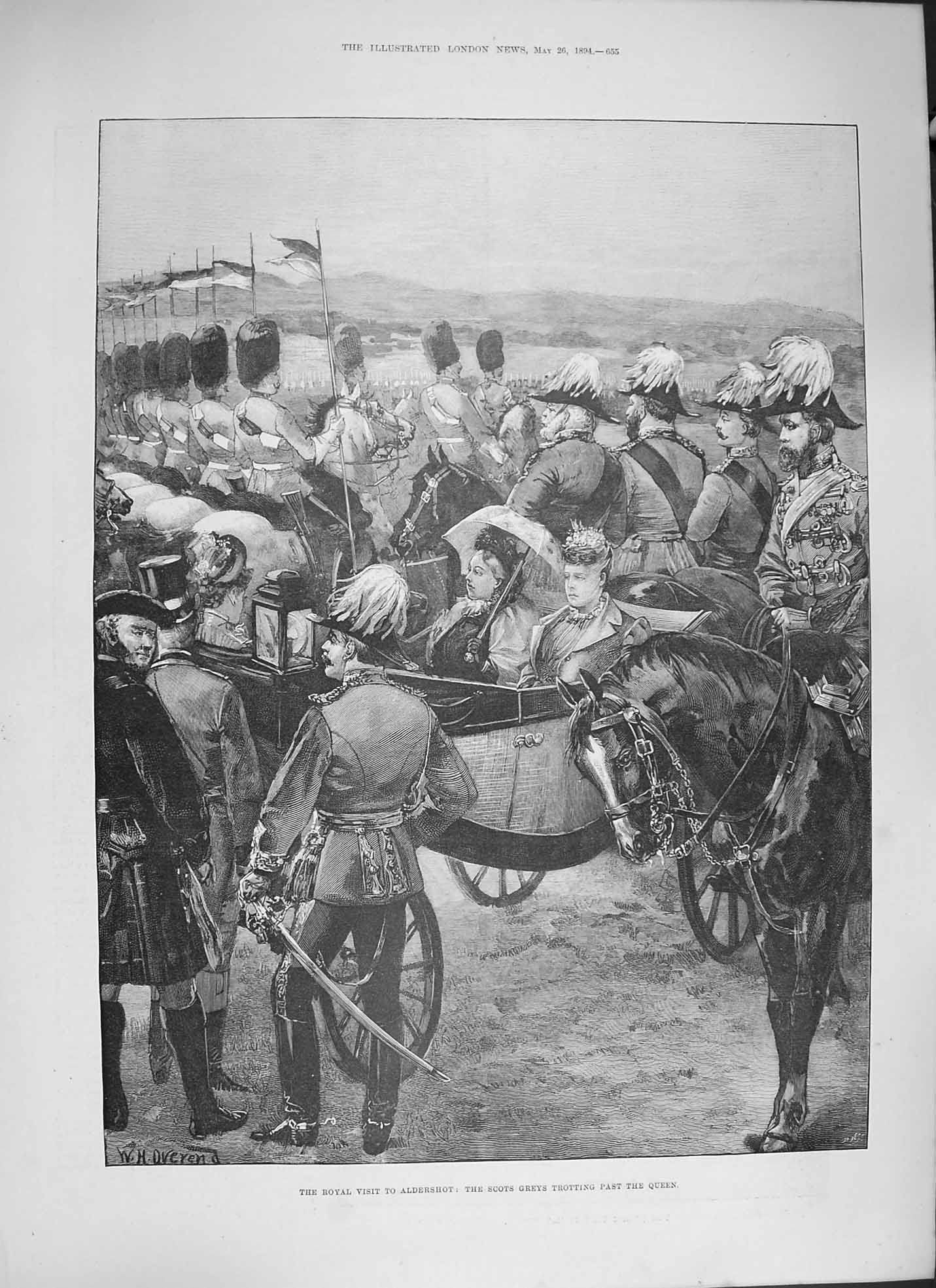 Old Antique Print 1894 Aldershot Scots Greys Horses Queen Victoria Coach 19th