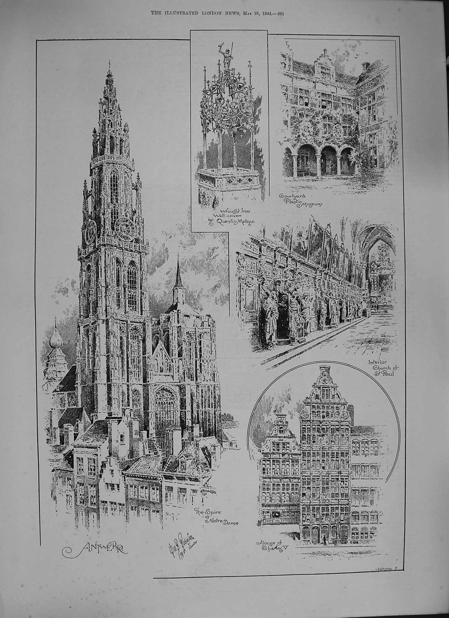 Original Old Antique Print 1894 Antwerp Notre Dame Cathedral Museum Church Paul