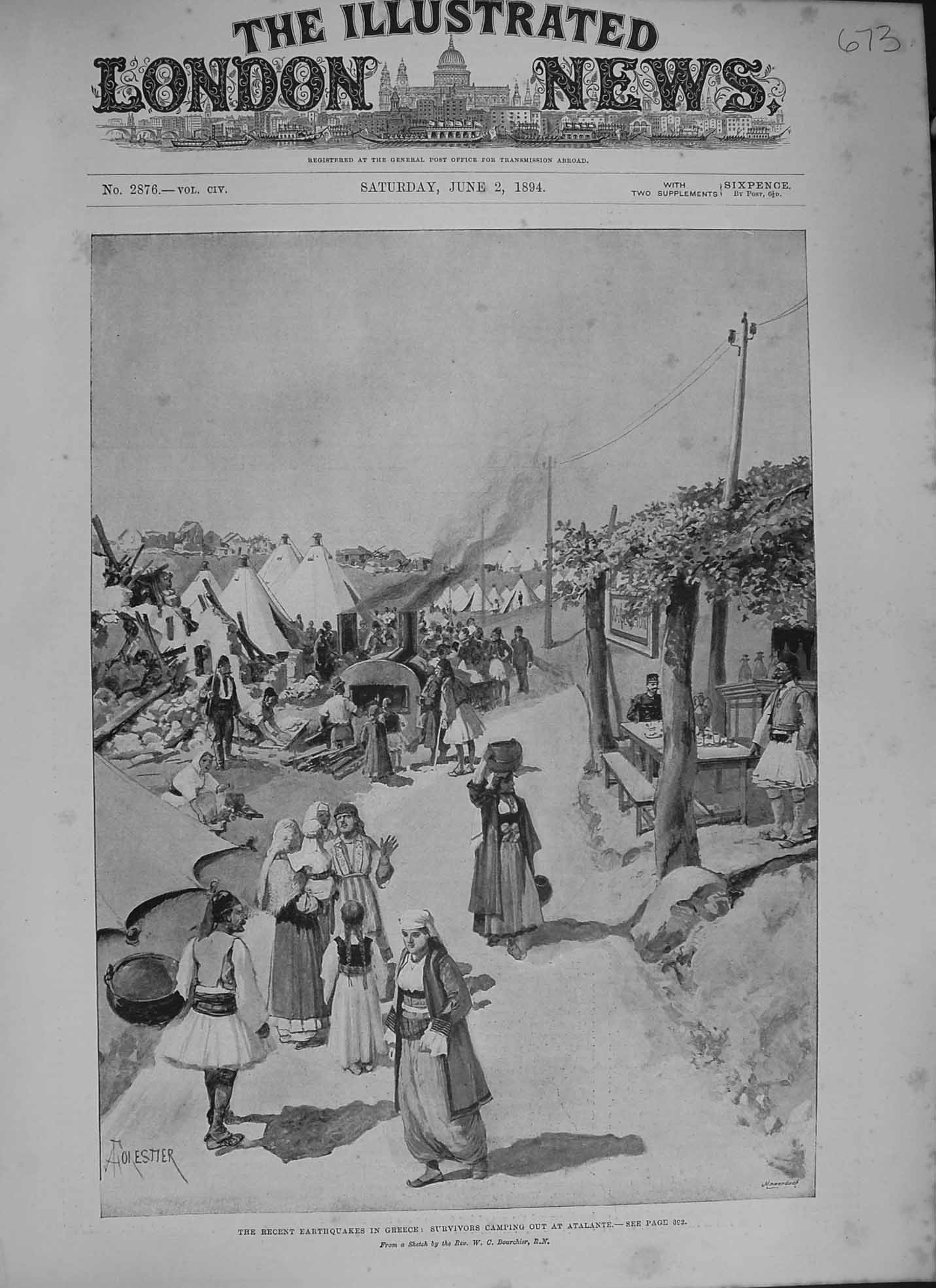 Original Old Antique Print 1894 Earthquake Greece Survivors Camping Atalante