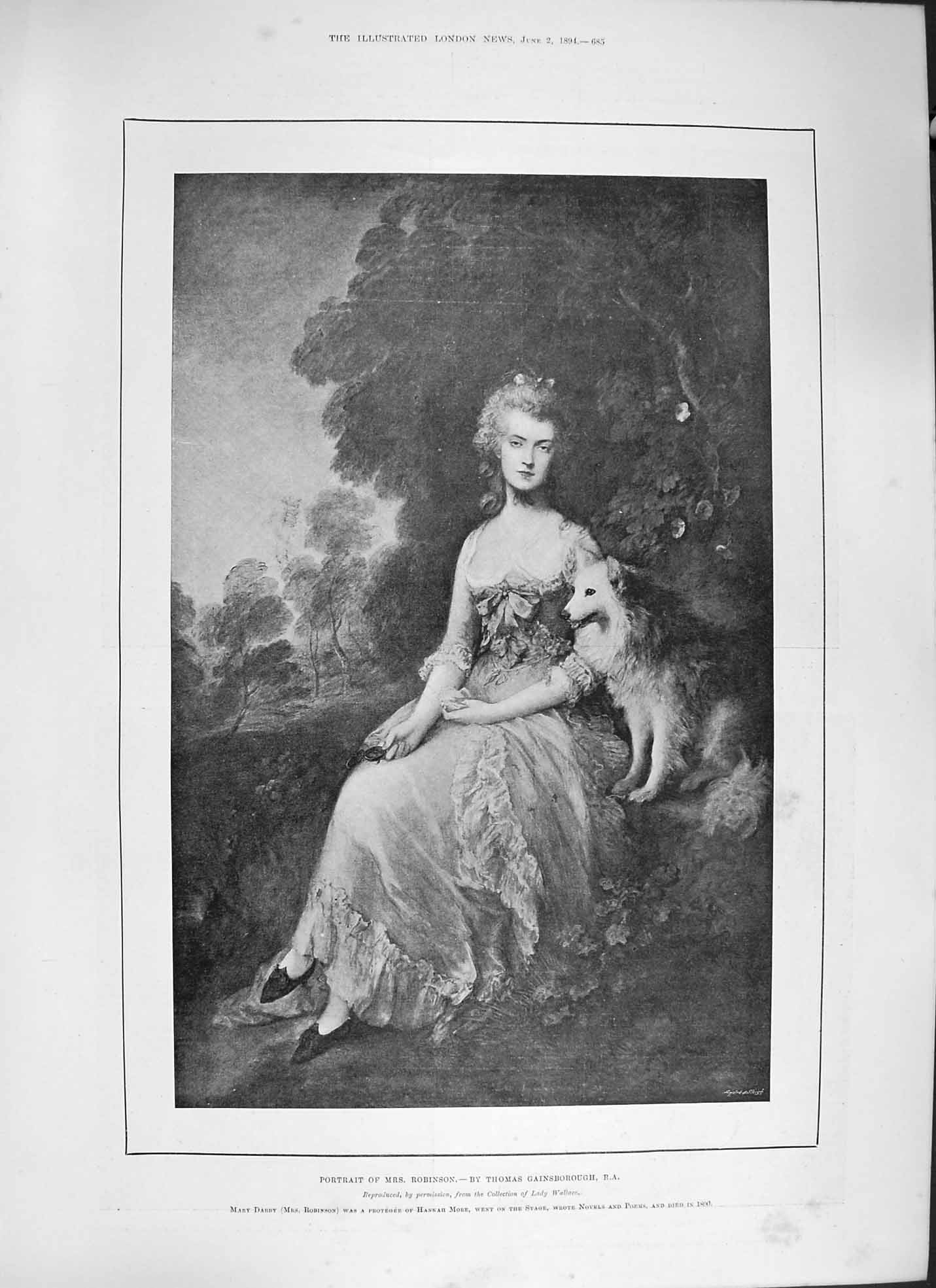 Original Old Antique Print 1894 Portrait Mrs Robinson Thomas Gainsborough 19th
