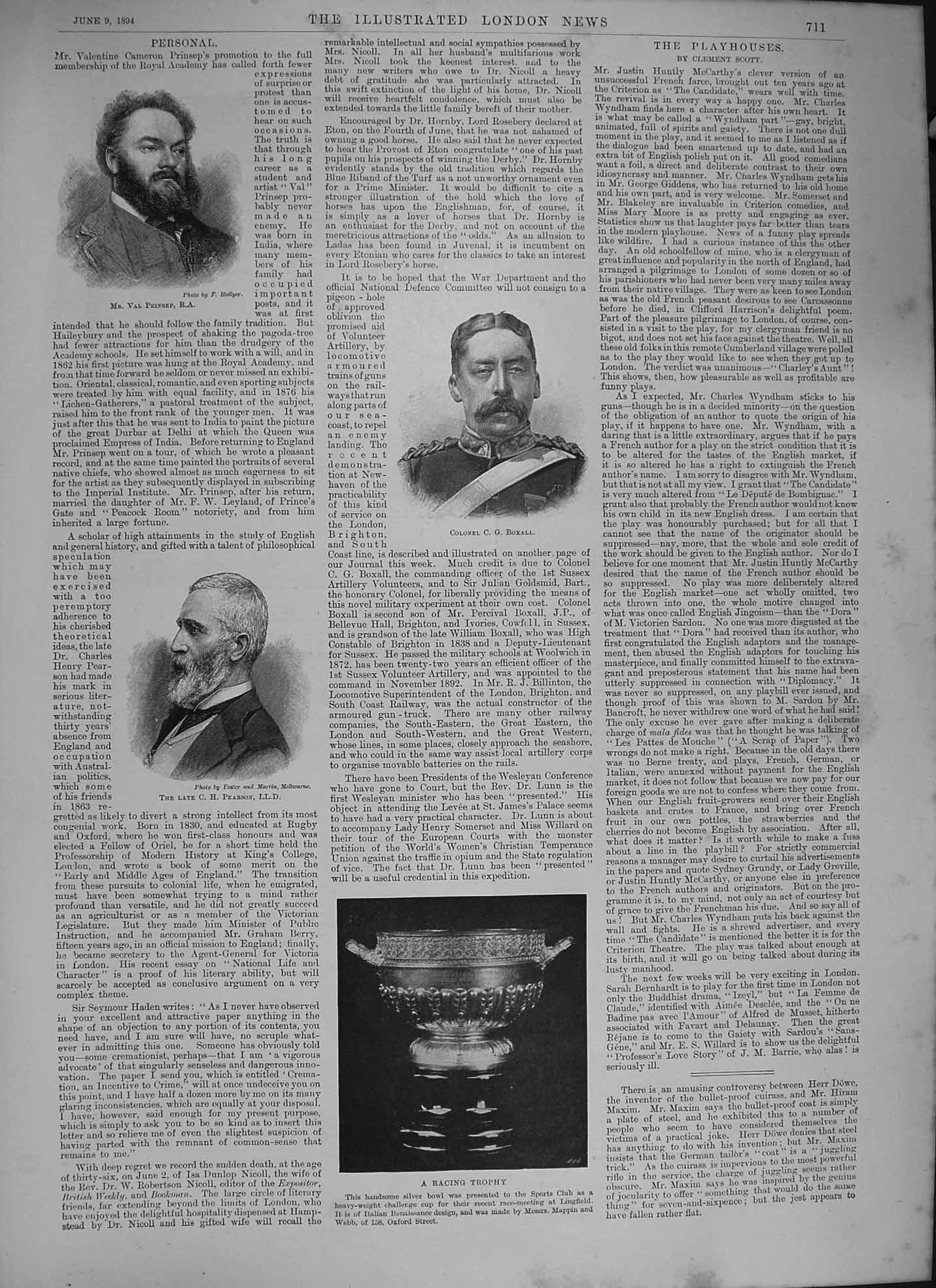 Original Old Antique Print 1894 Portrait Prinsep Boxall Pearson Racing Trophy