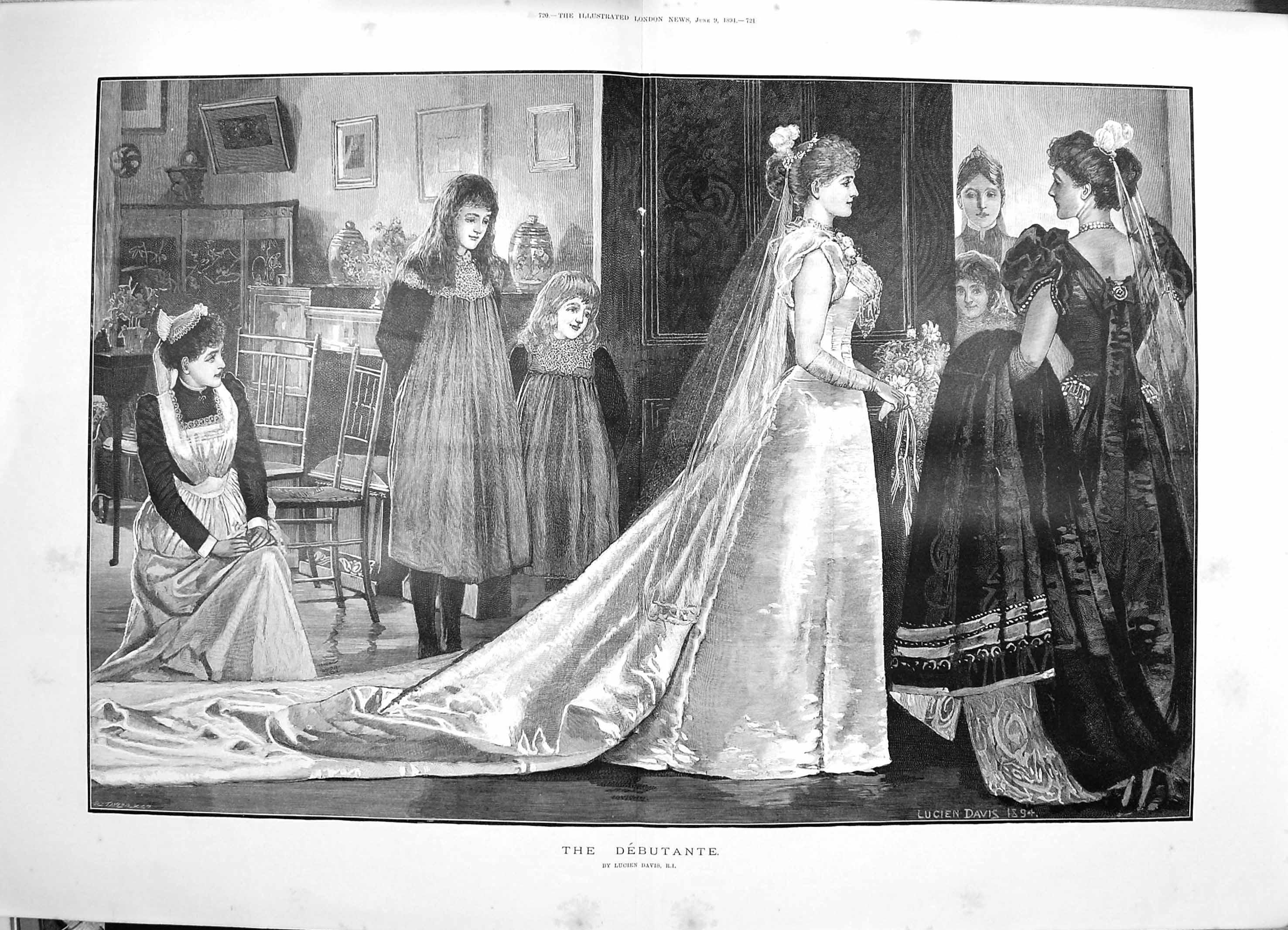 Original Old Antique Print 1894 Debutante Young Woman Dress Ball Lucie Victorian