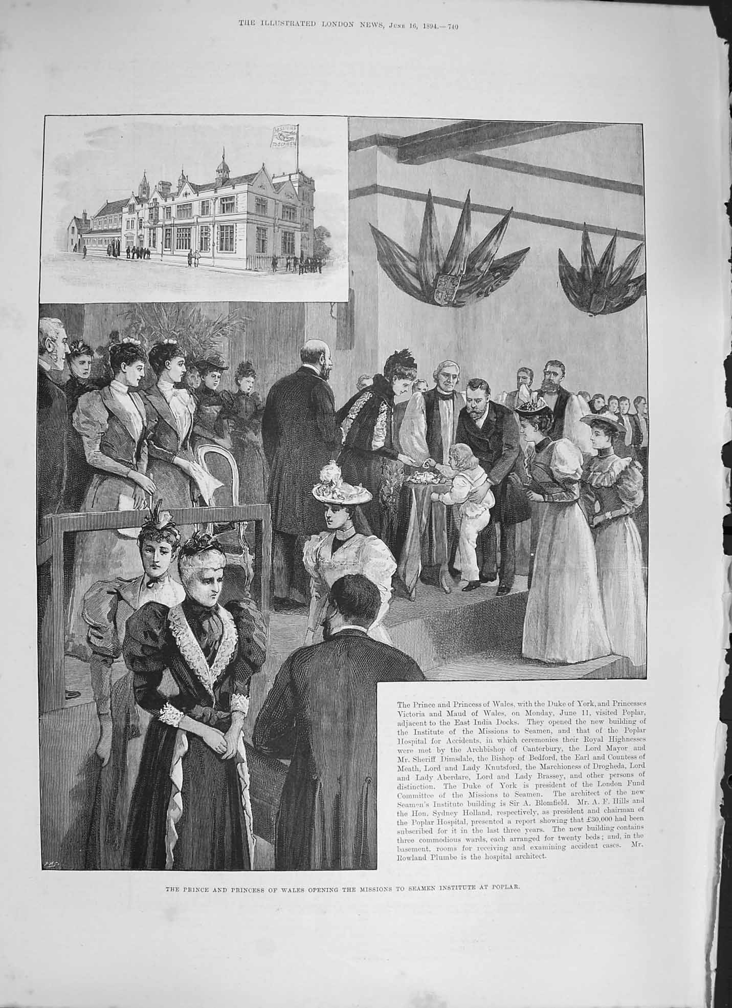 Original Old Antique Print 1894 Prince Wales Missions Seamen Institute Poplar