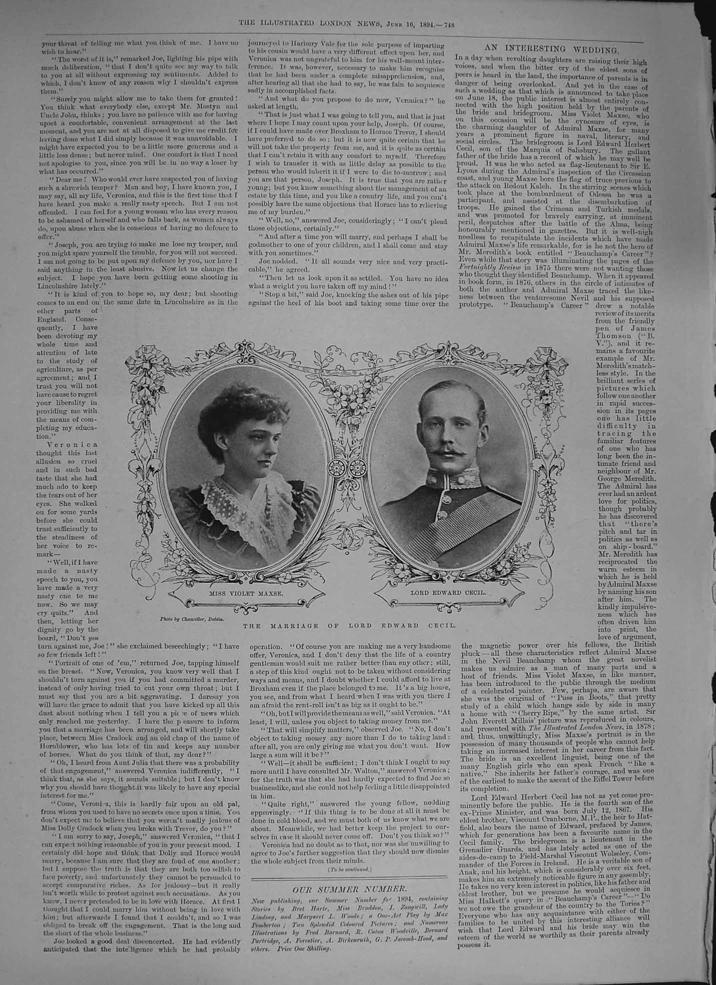 Original Old Antique Print 1894 Marriage Lord Edward Cecil Miss Violet Maxse