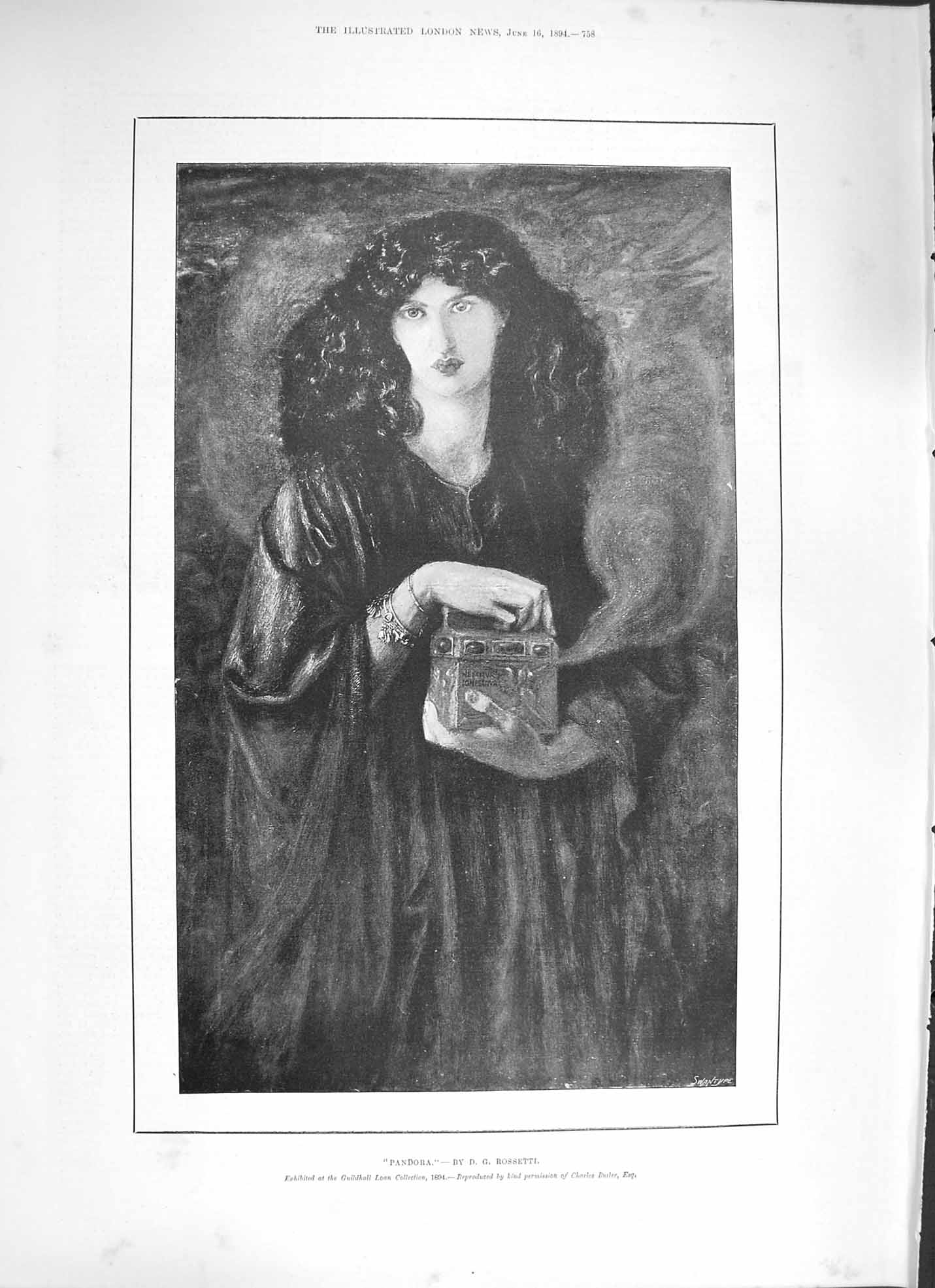 Original Old Antique Print 1894 Portrait Pandora Beautiful Lady Woman Victorian