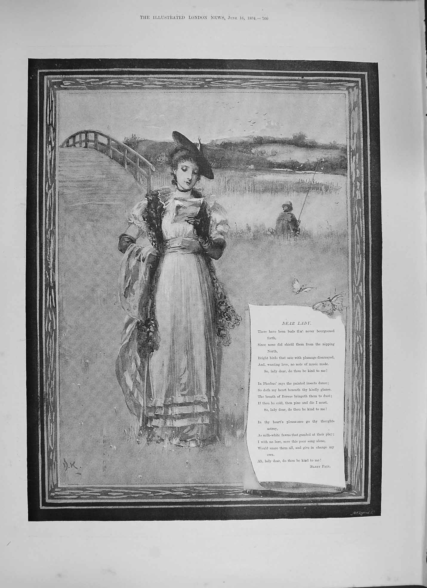 Old Antique Print 1894 Poem Dear Lady Barry Pain Man Fishing River Bridge 19th