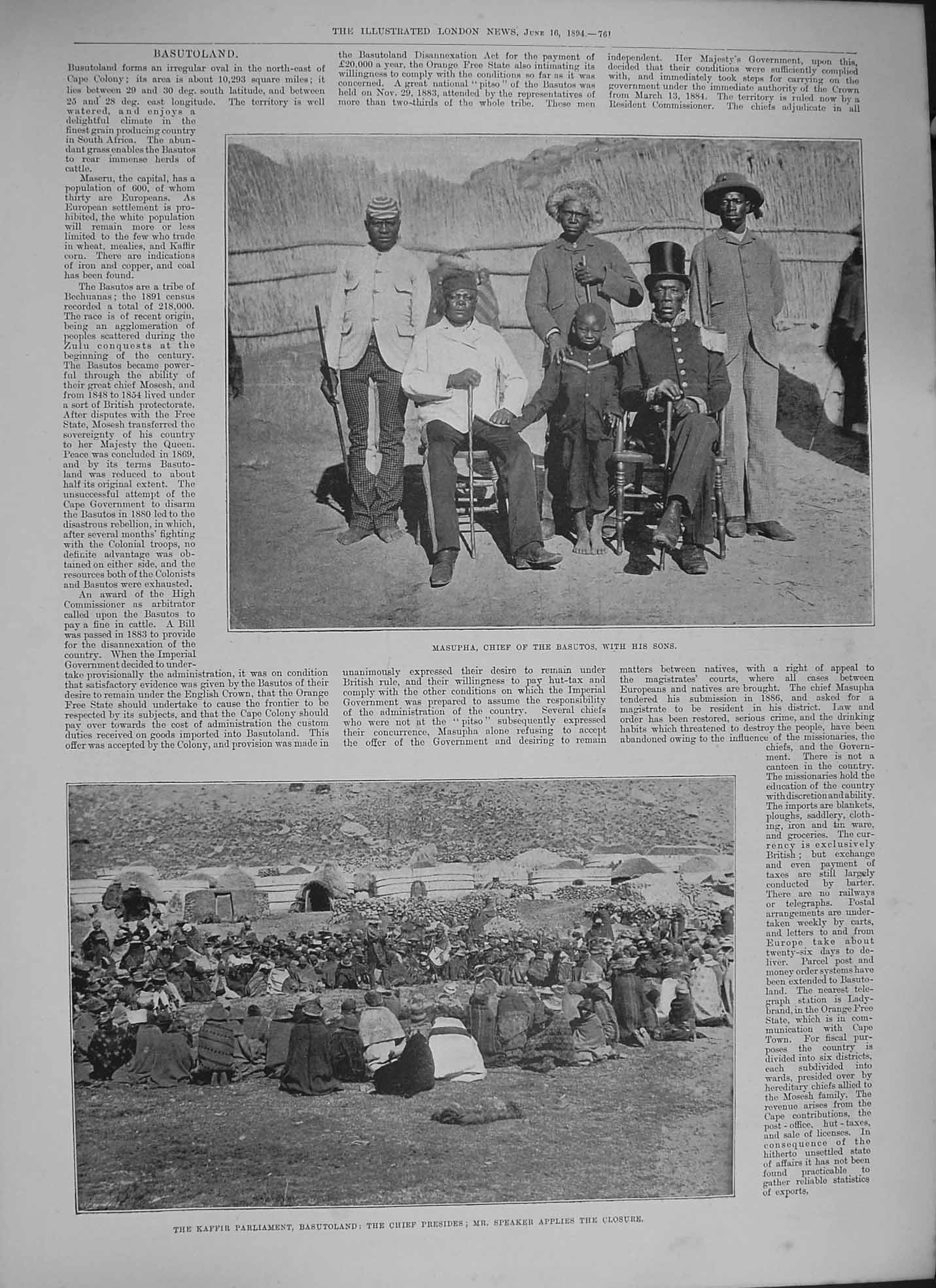 Original Old Antique Print 1894 Masupha Chief Basutos Kaffir Parliament Speaker