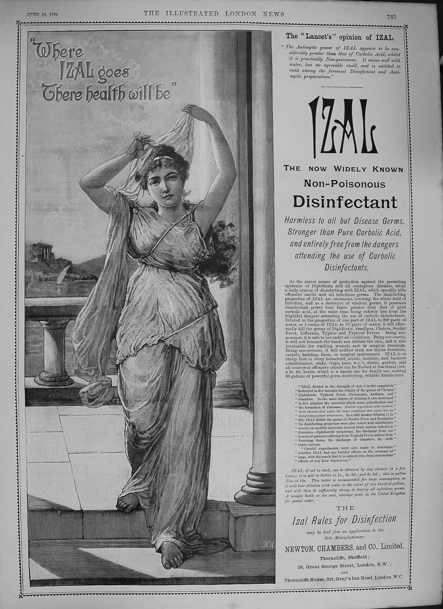 Original Old Antique Print 1894 Advertisement Izal Rules Newton Chambers 19th