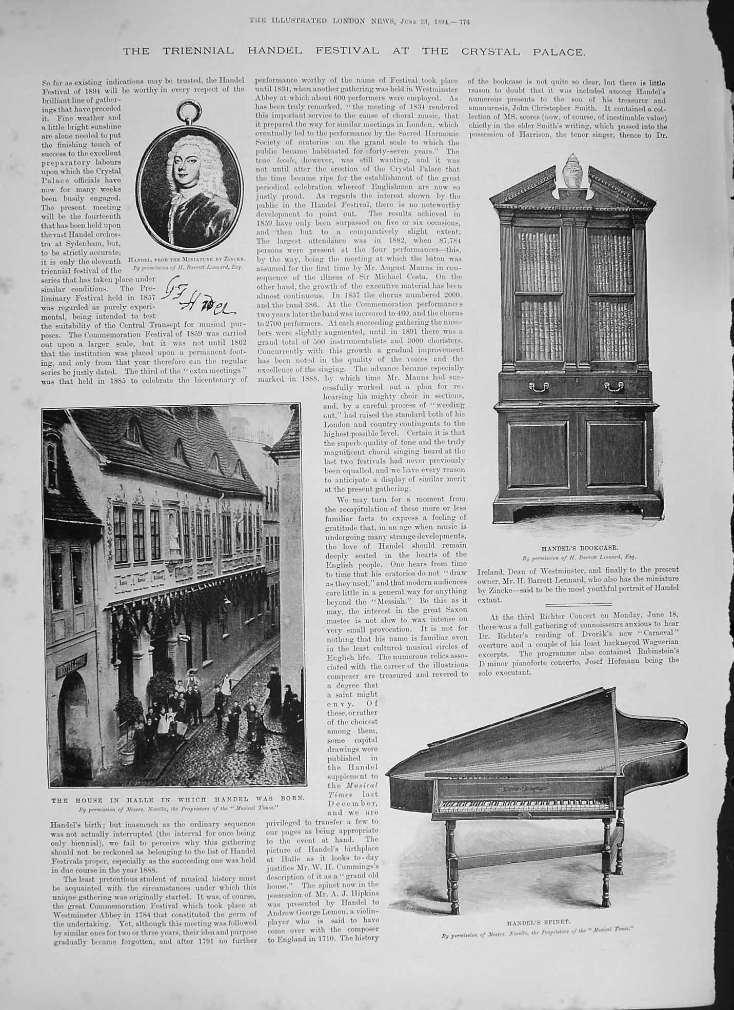 Original Old Antique Print 1894 Handel Crystal Palace Halle Spinet Adi Victorian